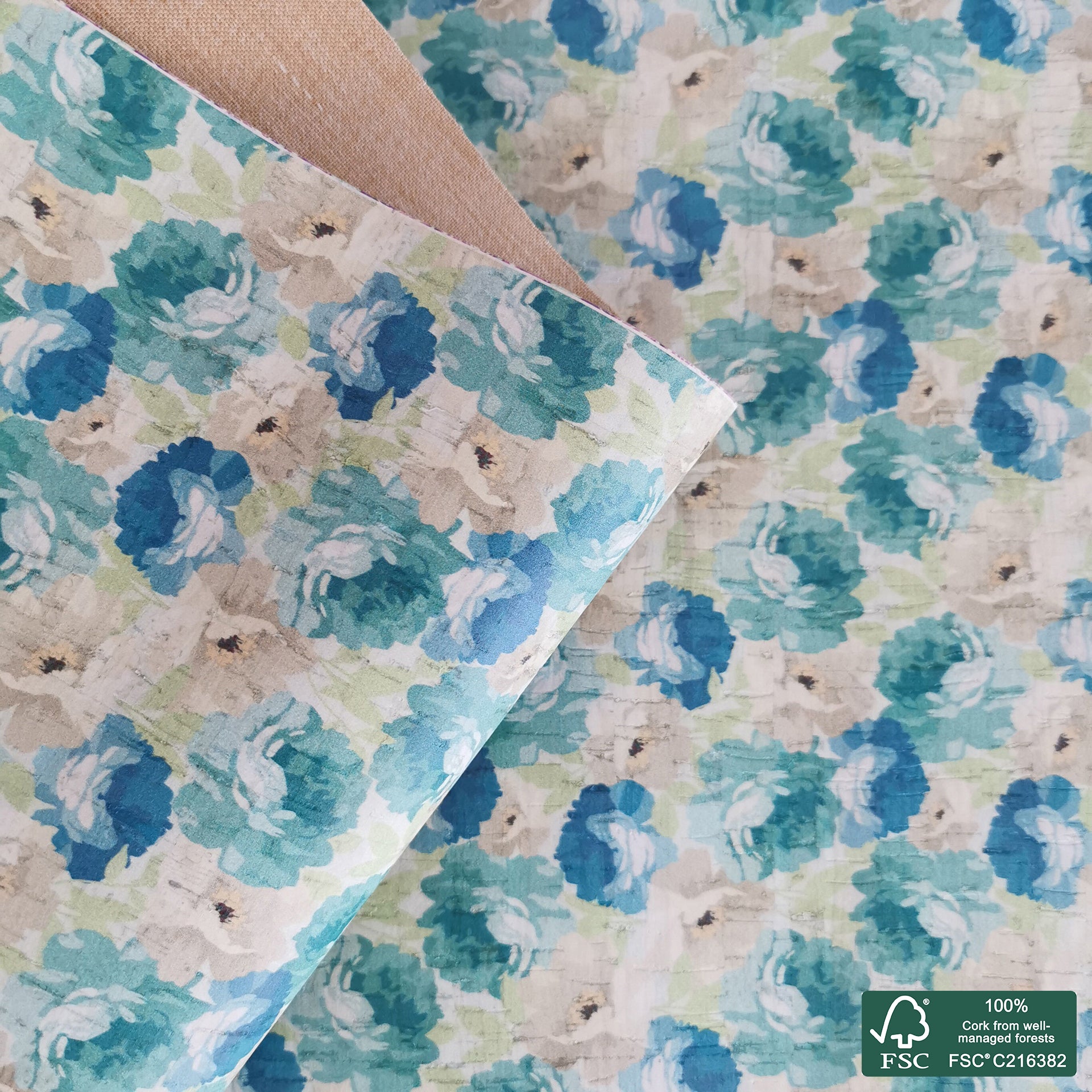 Green and blue flowers printed pattern on white cork fabric (476)