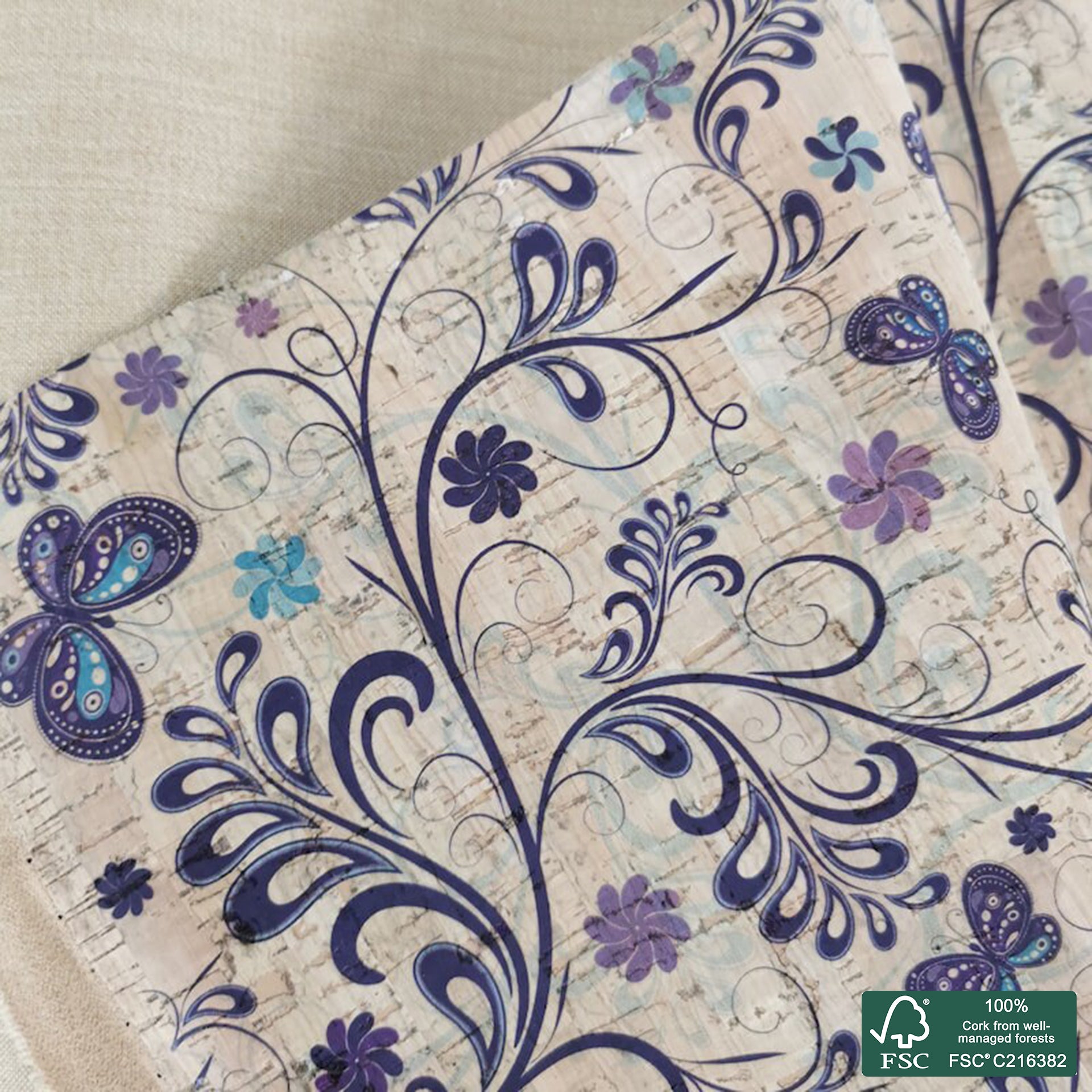 Flowers printed pattern on natural cork fabric (546)