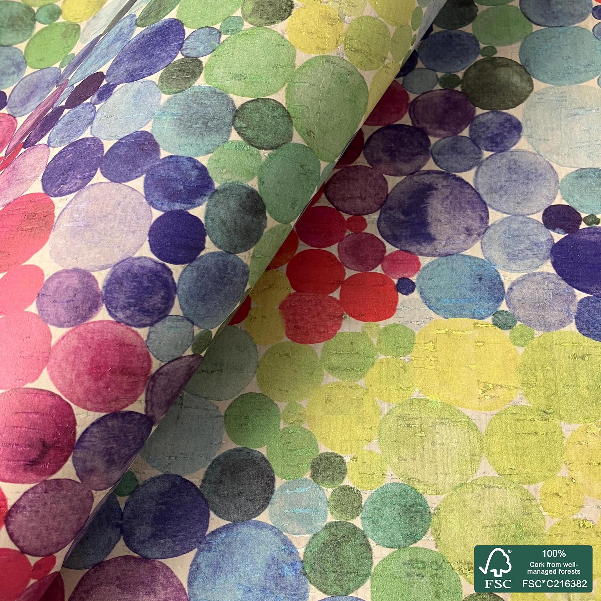 Colorful bubbles printed pattern on white cork fabric (551)