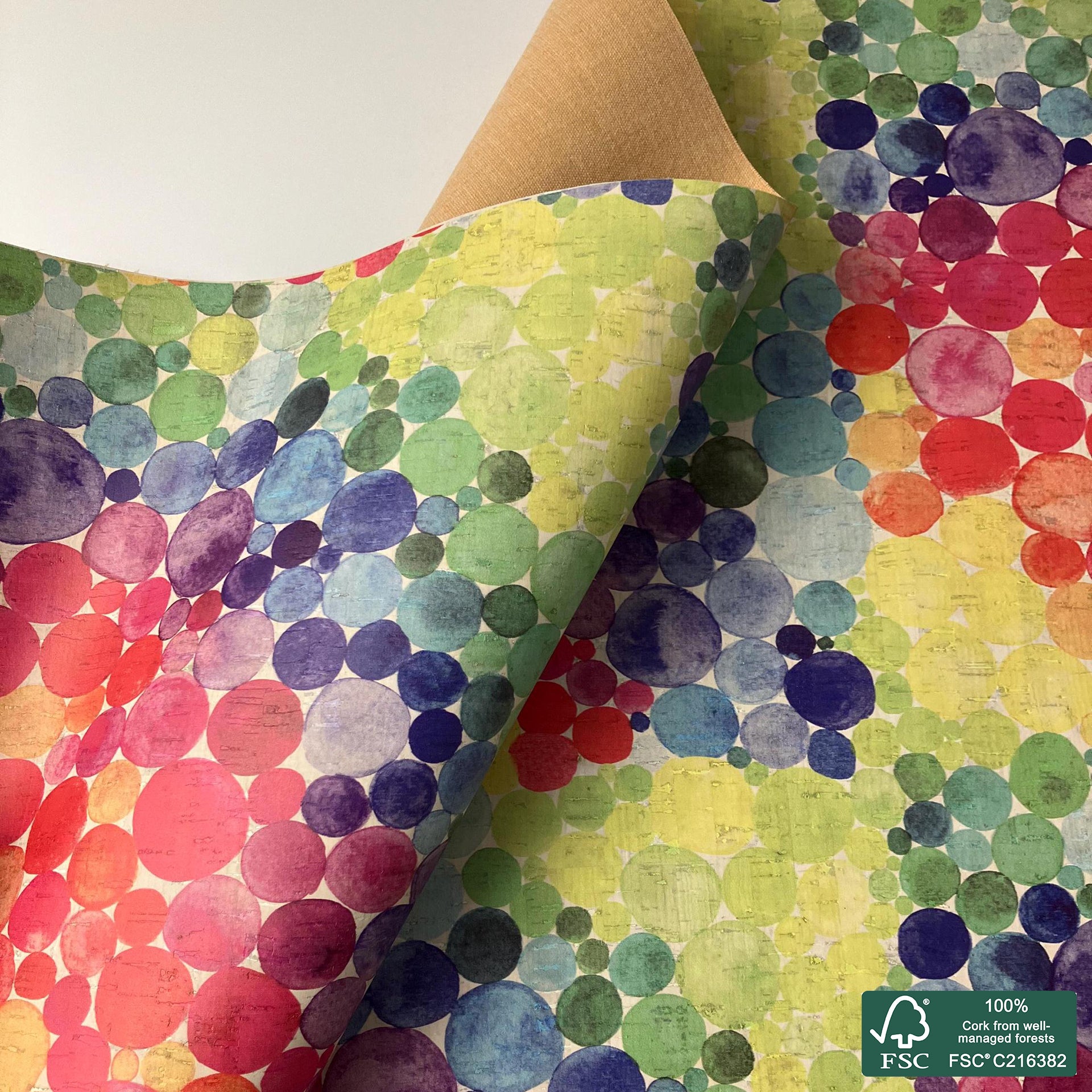 Colorful bubbles printed pattern on white cork fabric (551)