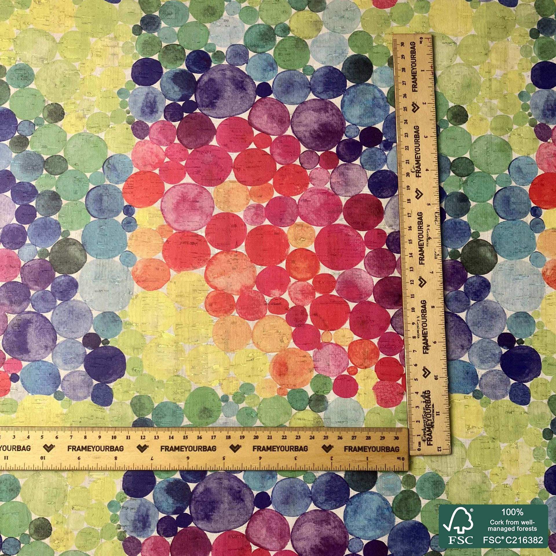 Colorful bubbles printed pattern on white cork fabric (551)