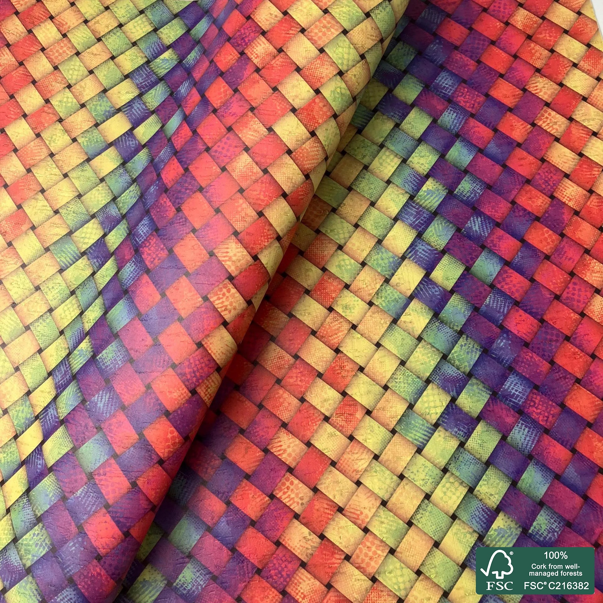 Colorful braided printed pattern on white cork fabric (555)