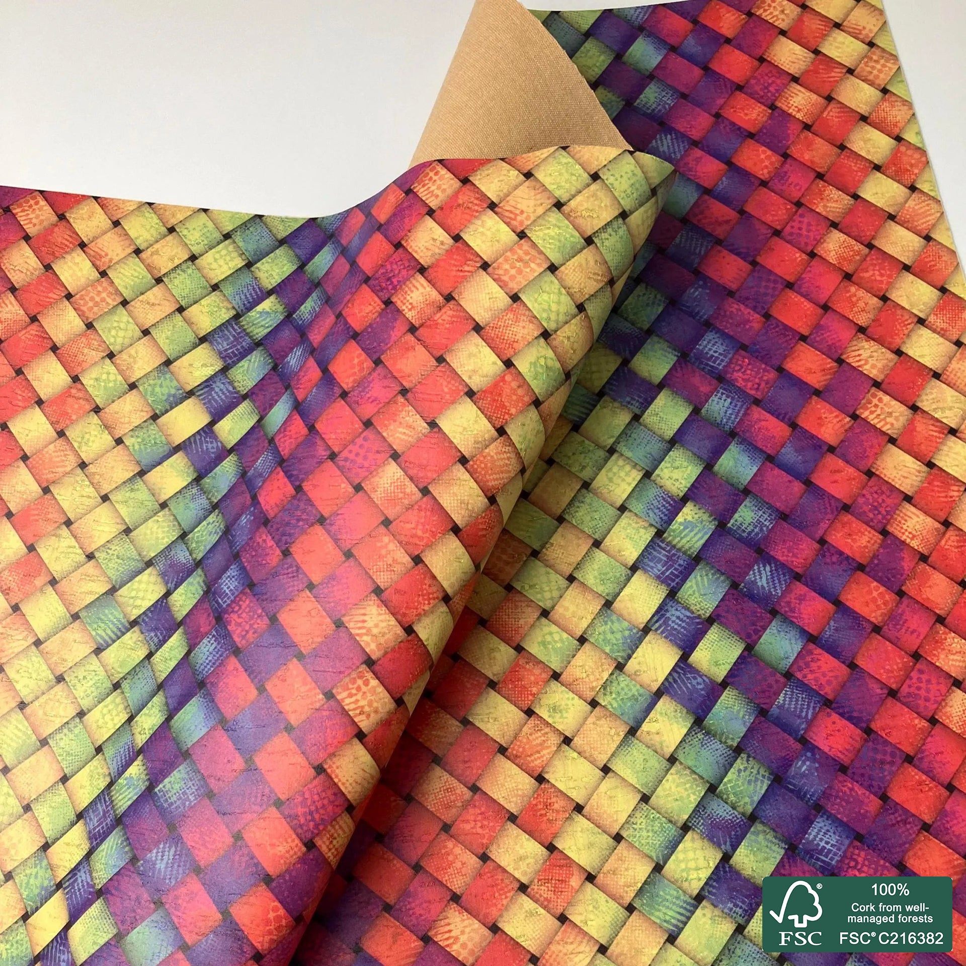 Colorful braided printed pattern on white cork fabric (555)