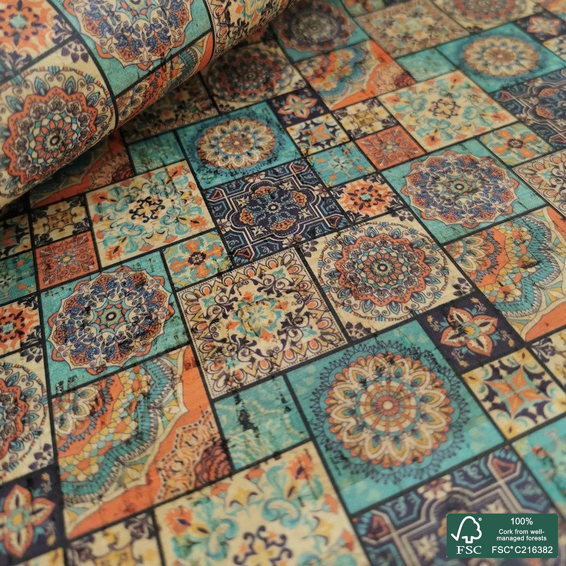 Tiles printed pattern on natural cork fabric (80)