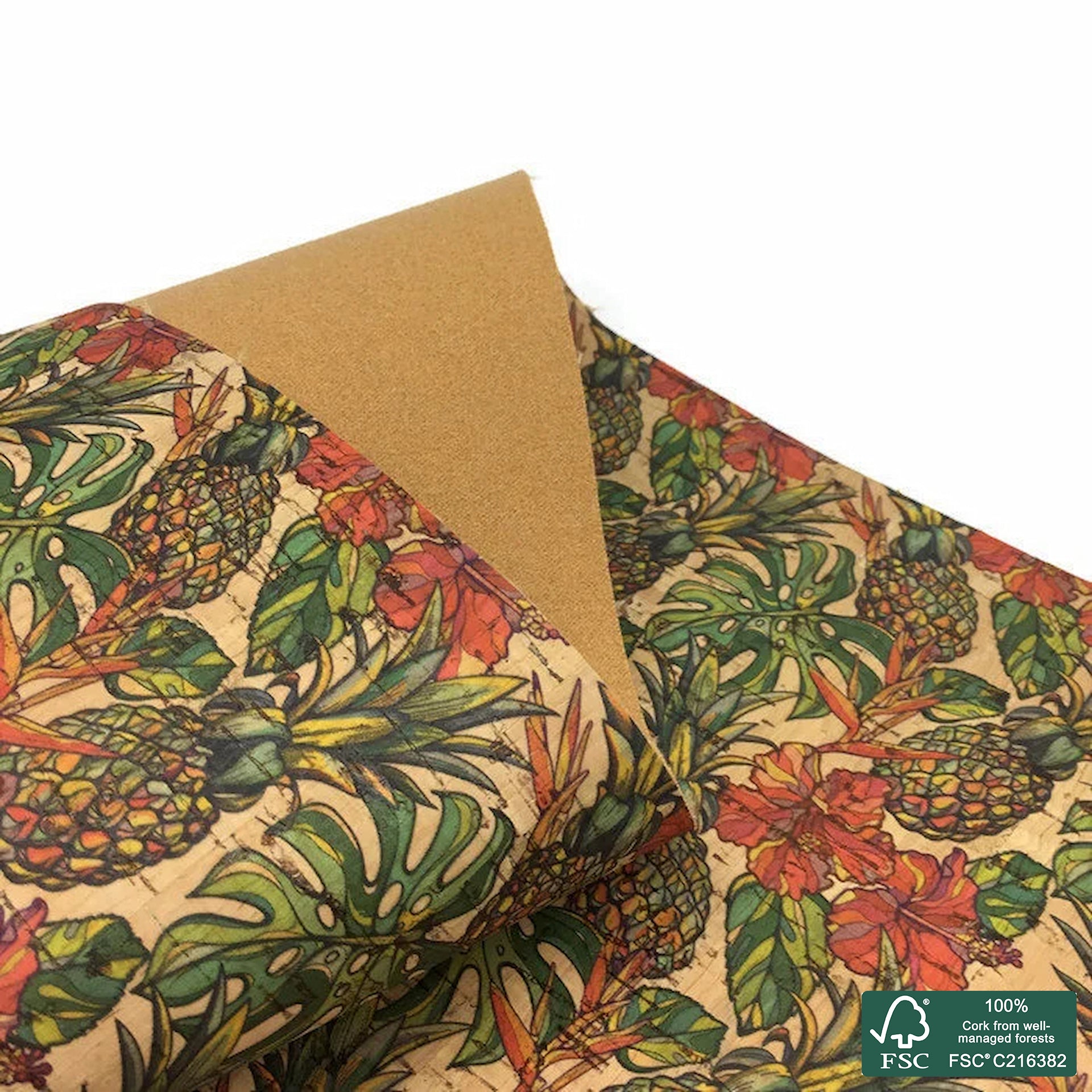 Pineapples printed pattern on natural cork fabric (107)