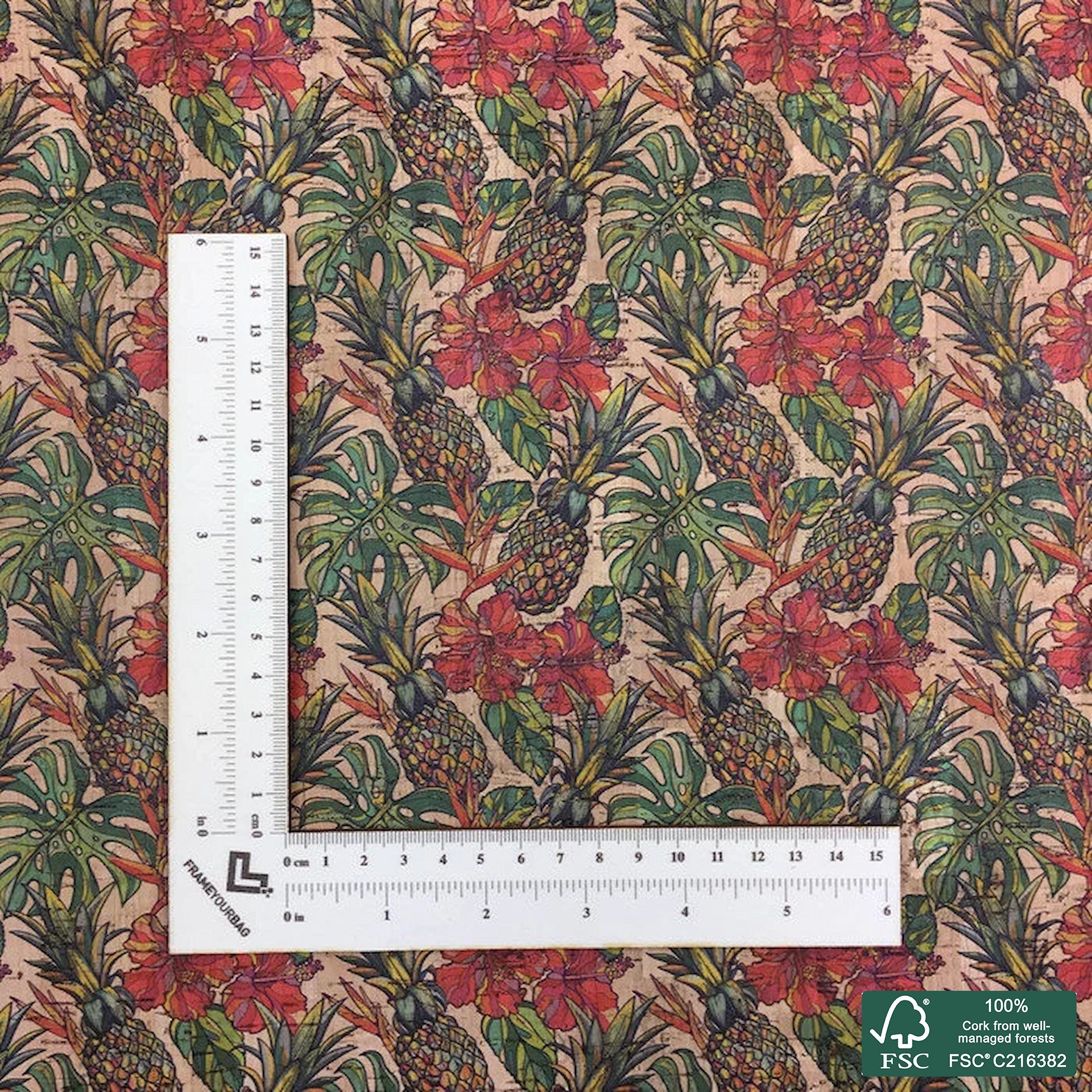 Pineapples printed pattern on natural cork fabric (107)