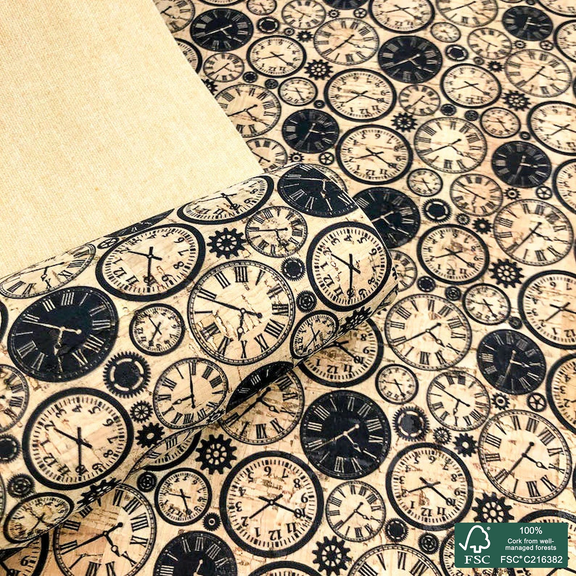 Clocks printed pattern on natural cork fabric (134)