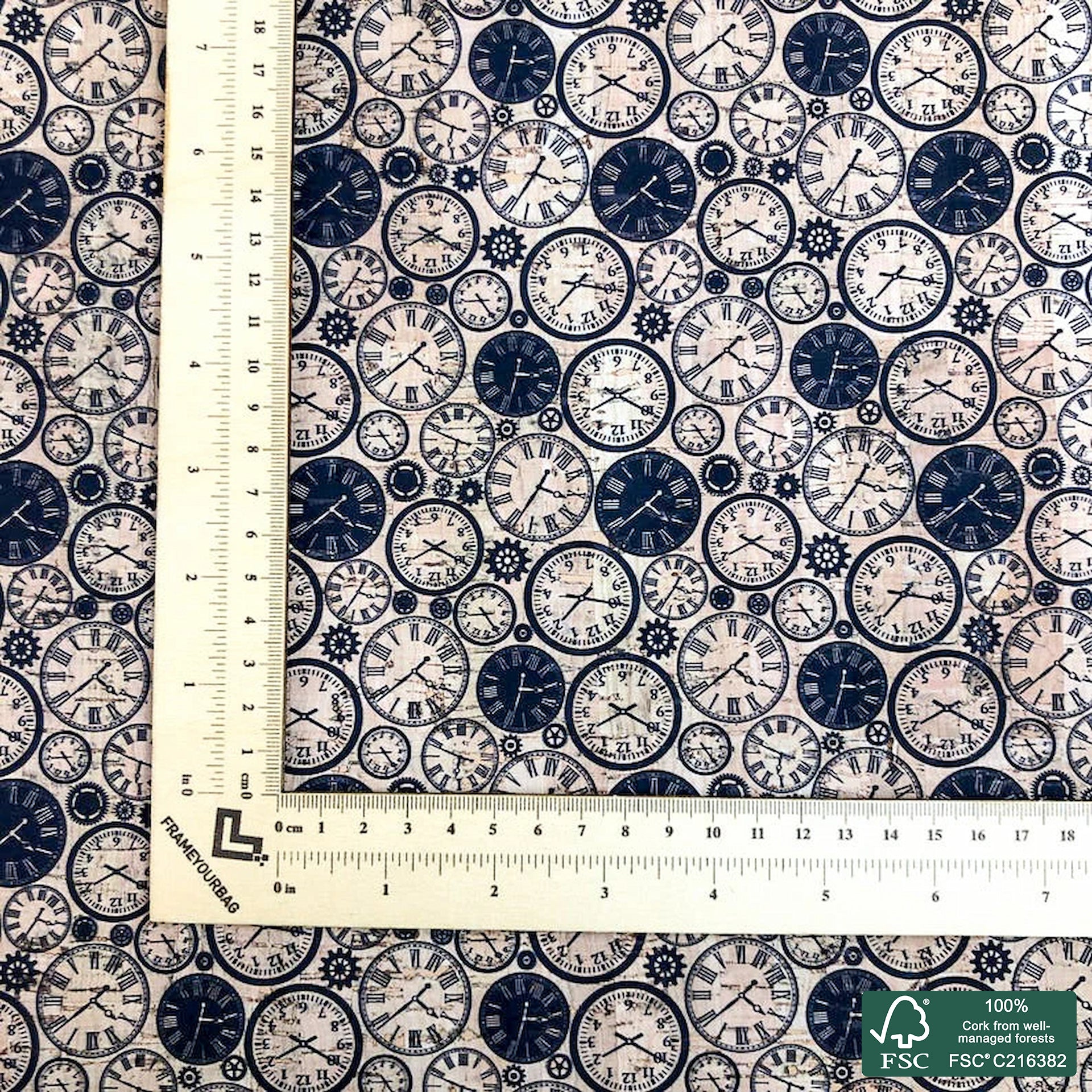 Clocks printed pattern on natural cork fabric (134)