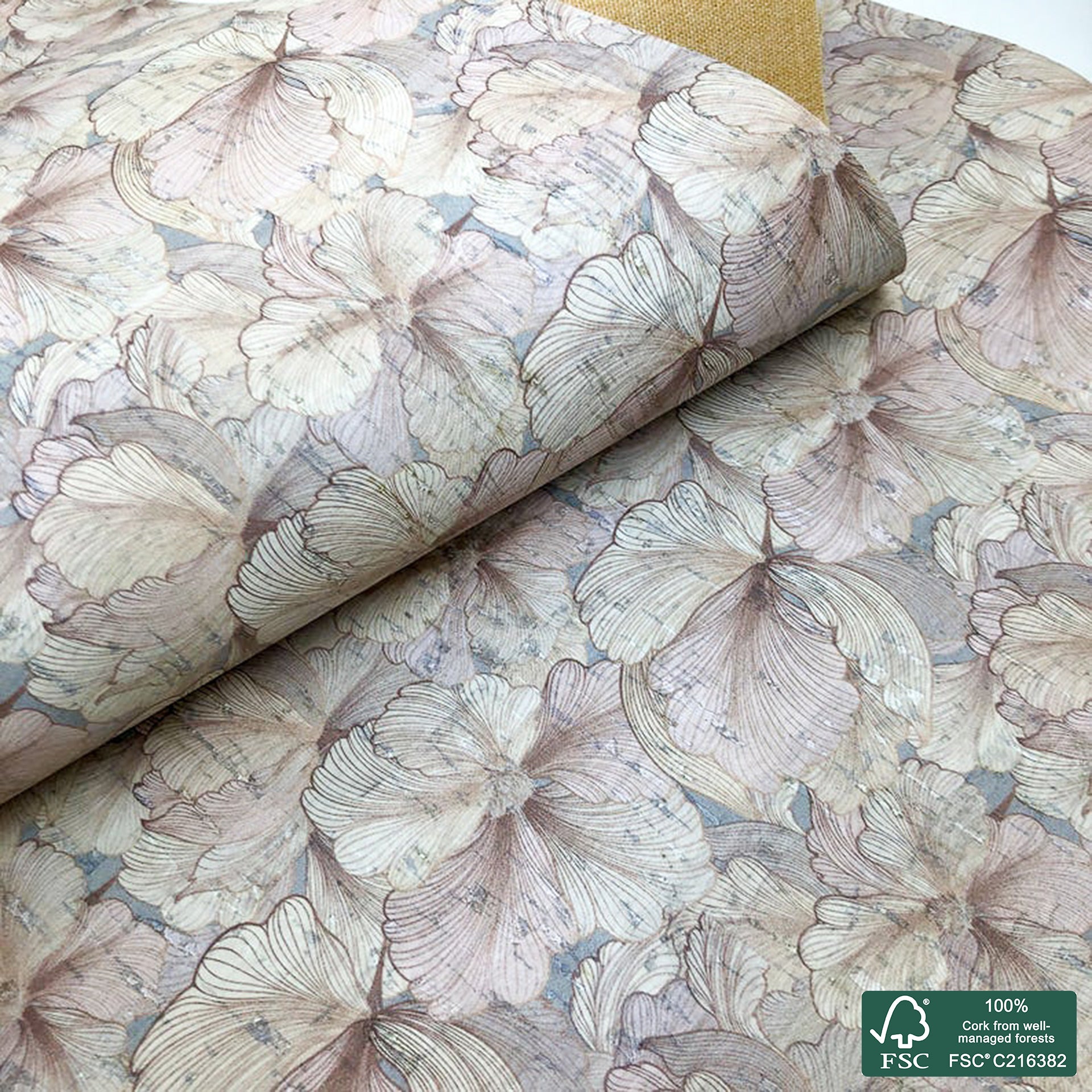 Flowers printed pattern on white cork fabric (150)
