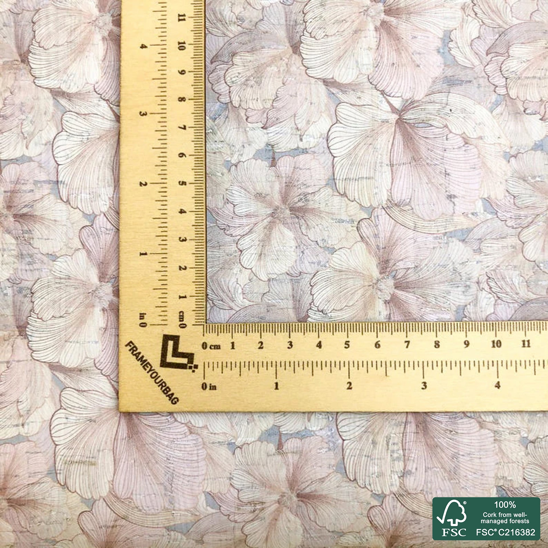 Flowers printed pattern on white cork fabric (150)