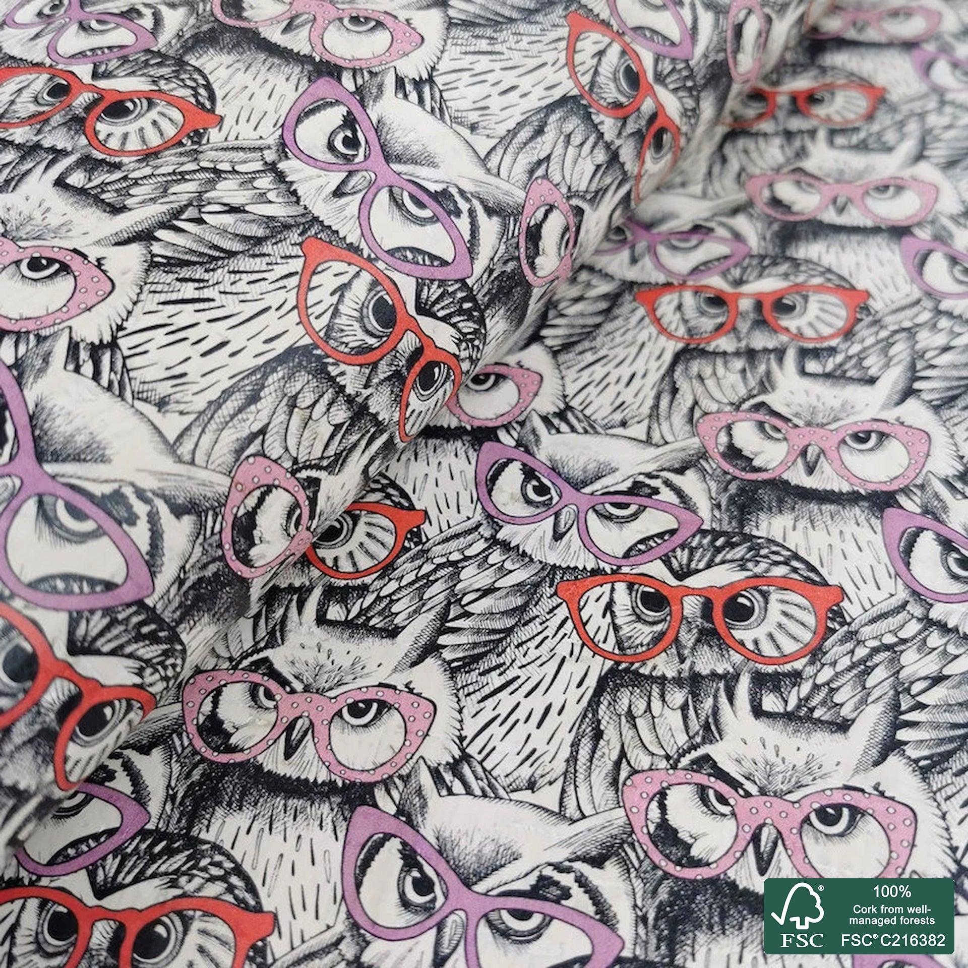 Owl printed pattern on white cork fabric (233)