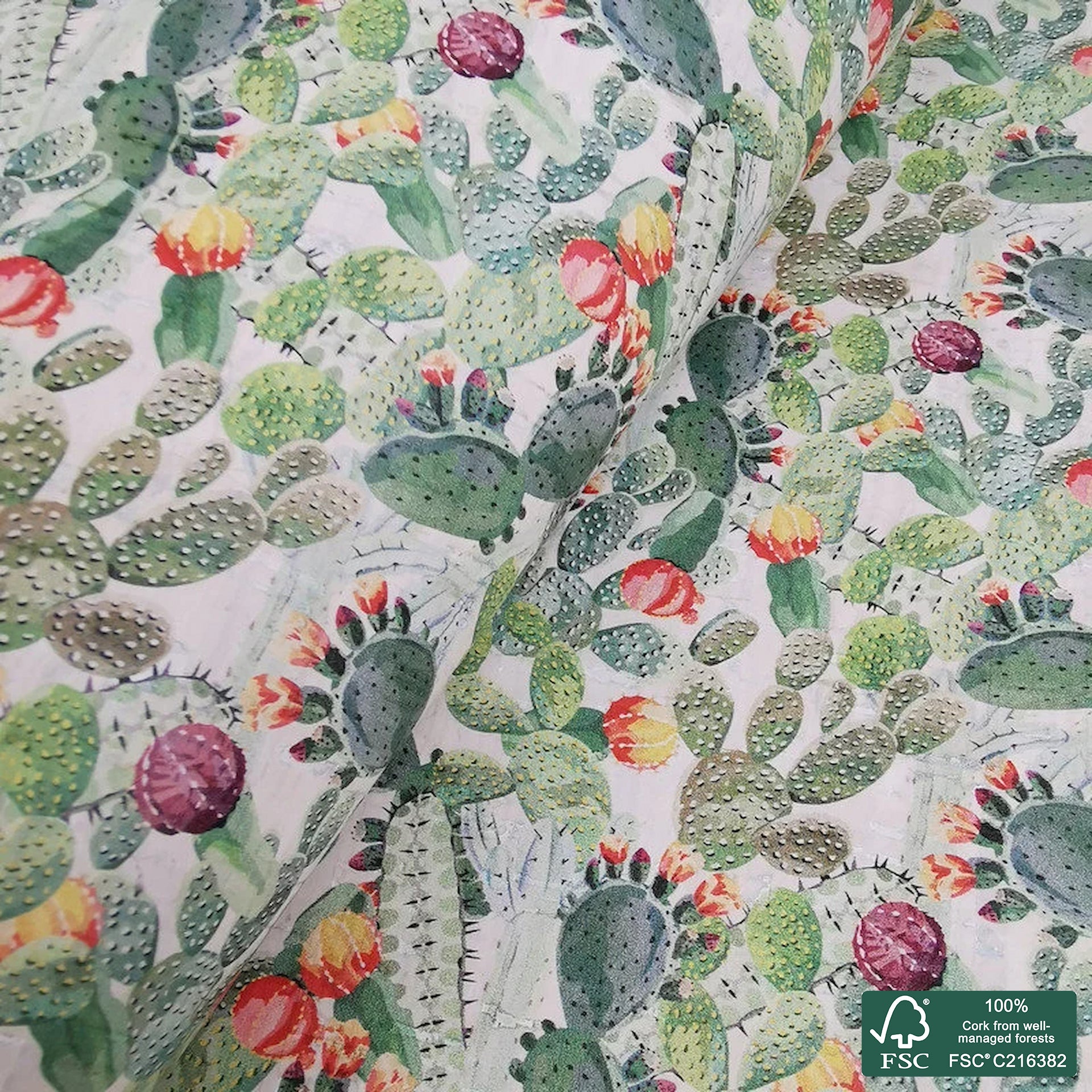 Cactus printed pattern on white cork fabric (234)