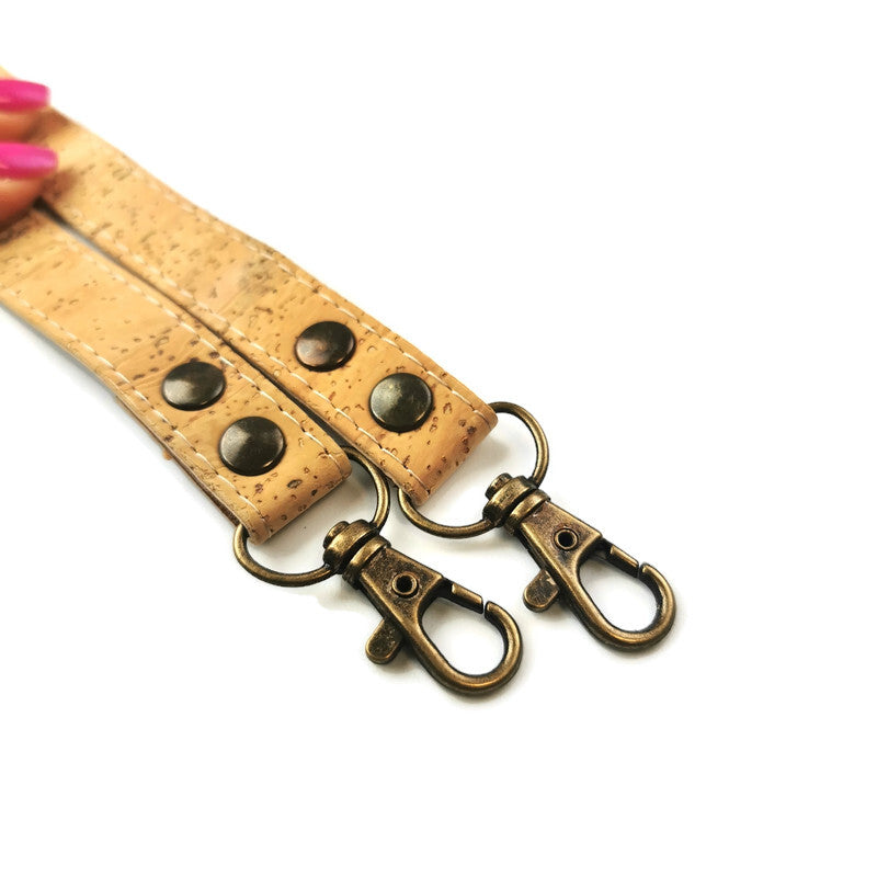Natural cork handbag handle with PU 120 cm x 18 mm with antique brass hook
