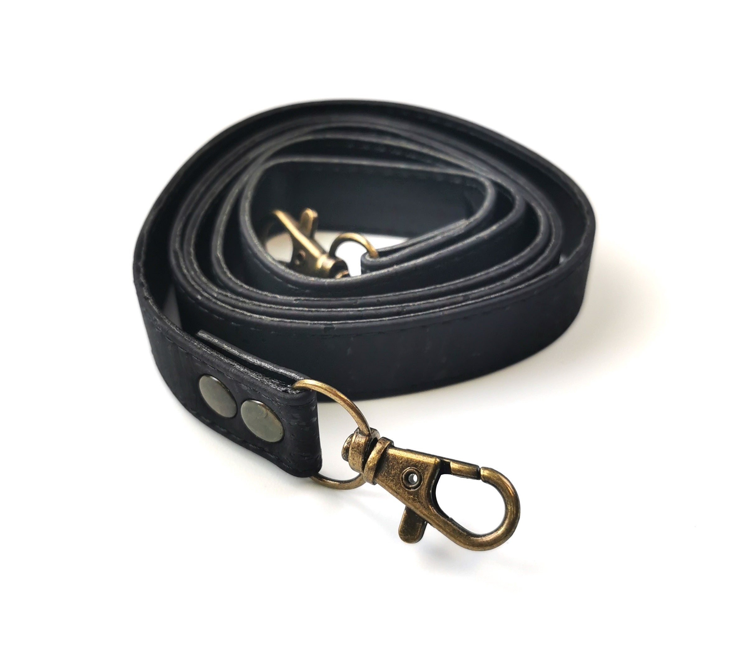 Black cork handbag handle with PU 120 cm x 18 mm with antique brass hook