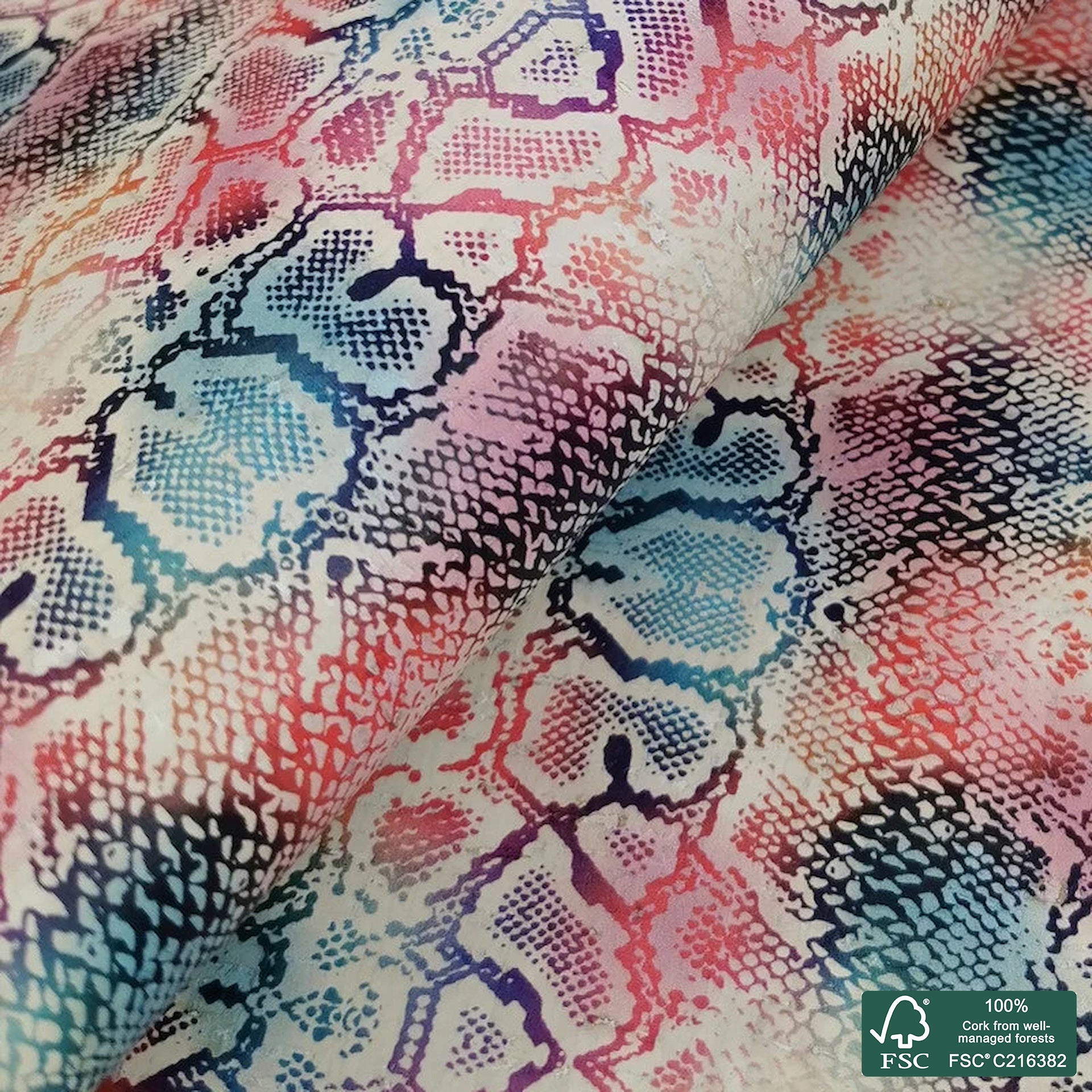 Colorful snake printed pattern on white cork fabric (251)