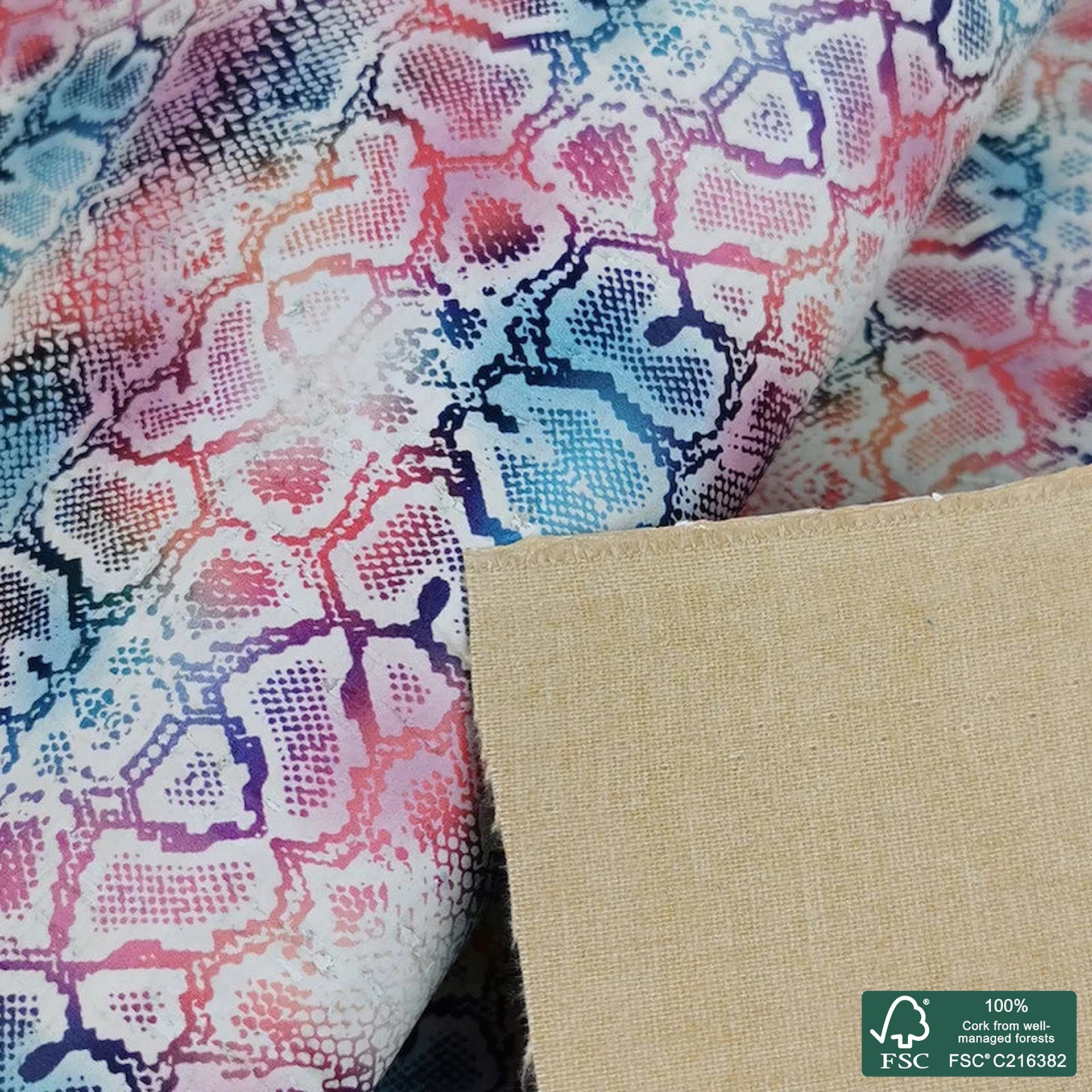 Colorful snake printed pattern on white cork fabric (251)