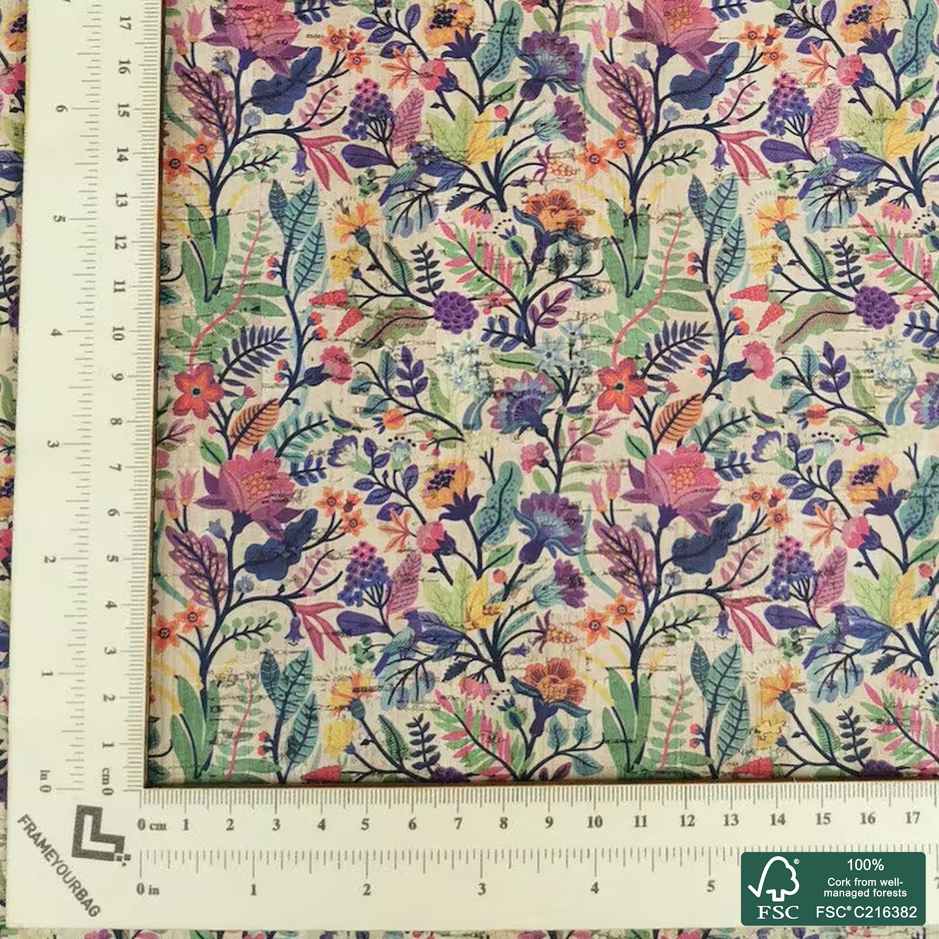 Flowers printed pattern on natural cork fabric (258)