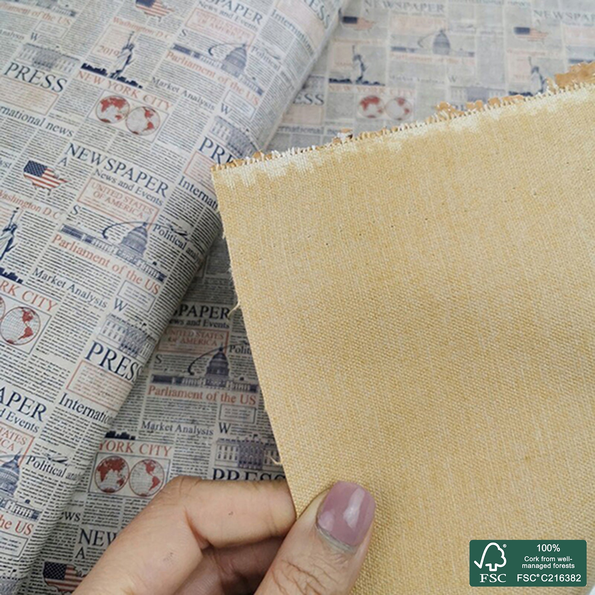 Newspaper printed pattern on white cork fabric (269)