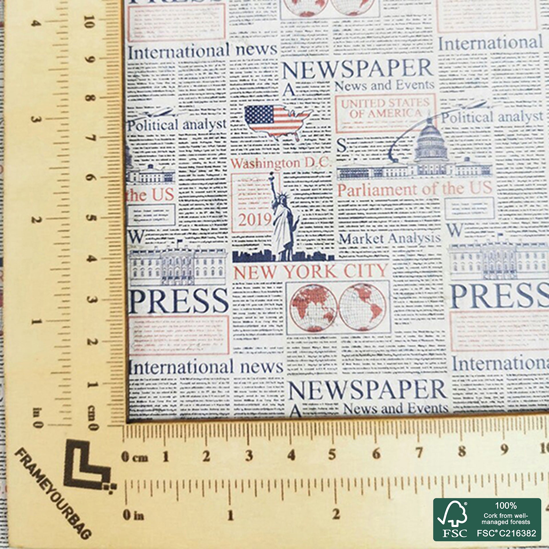 Newspaper printed pattern on white cork fabric (269)