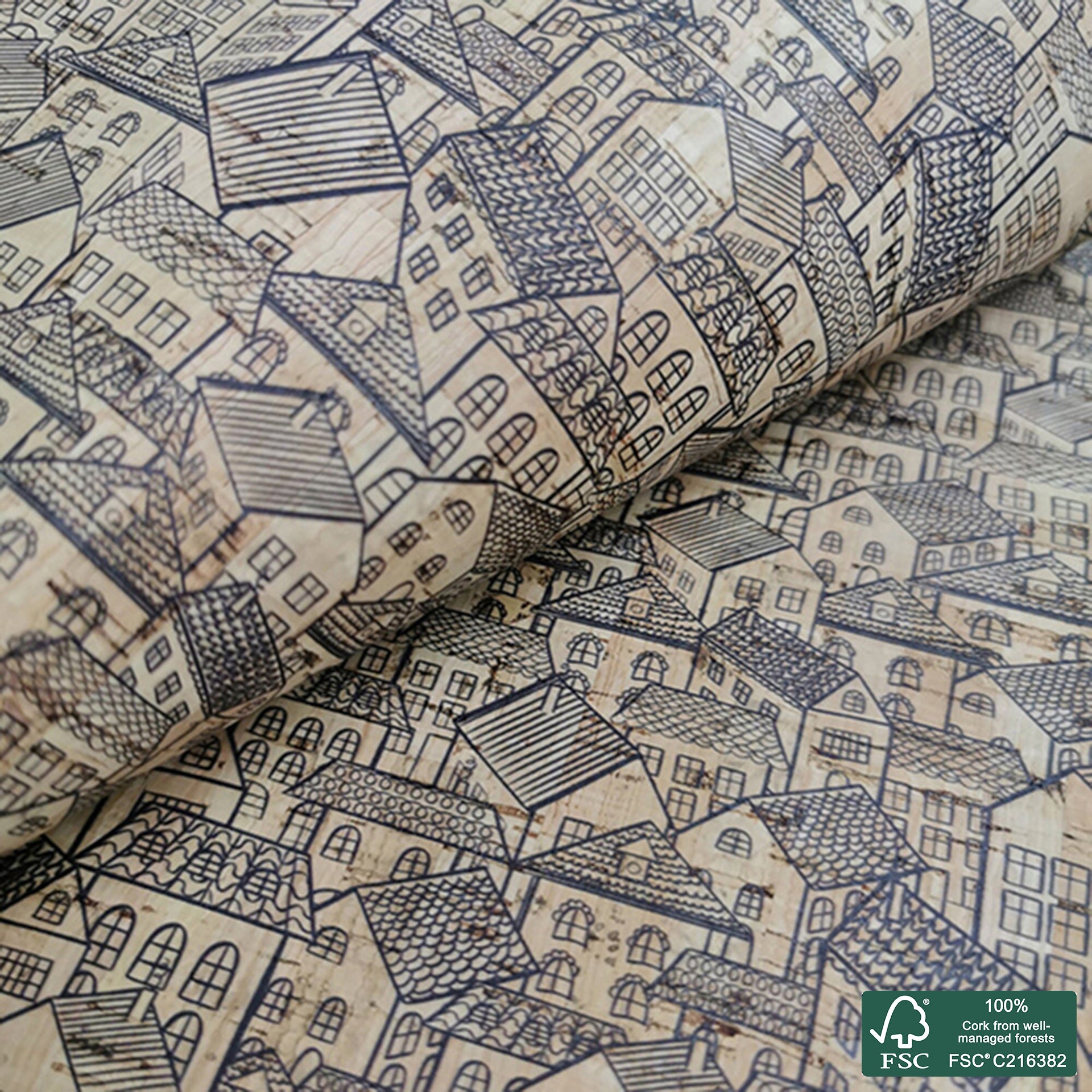 Cute houses printed pattern on natural cork fabric (320)