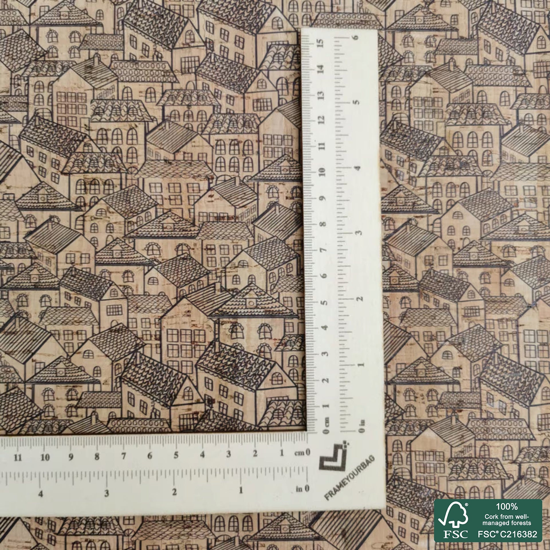 Cute houses printed pattern on natural cork fabric (320)