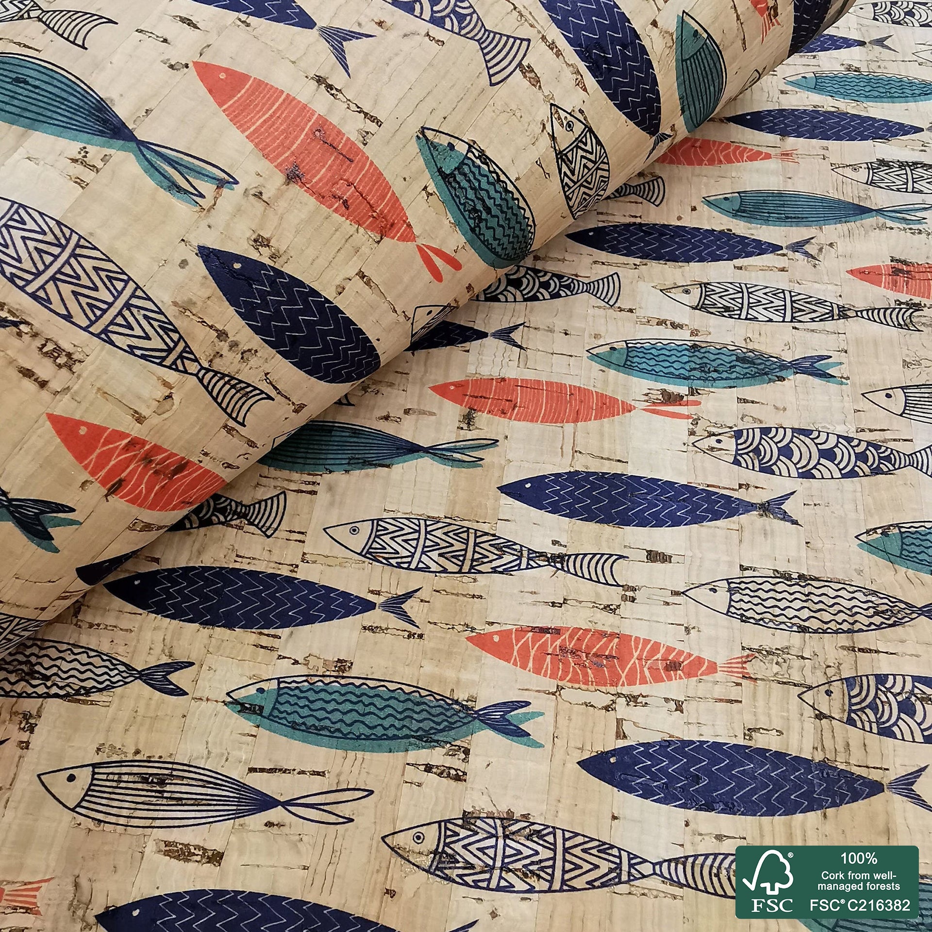 Sardines printed pattern on natural cork fabric (322)