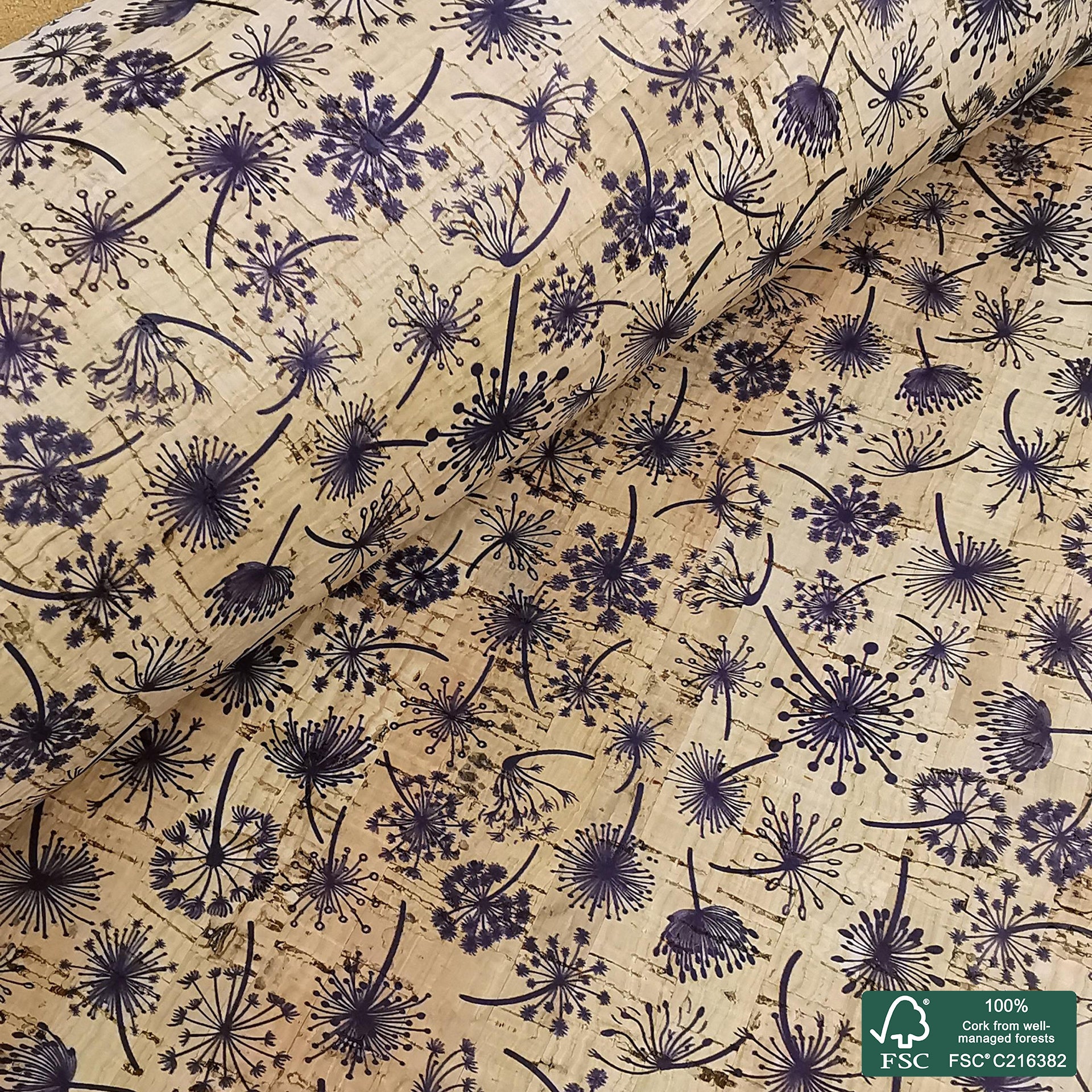 Blue lion leaf printed pattern on natural cork fabric (323)