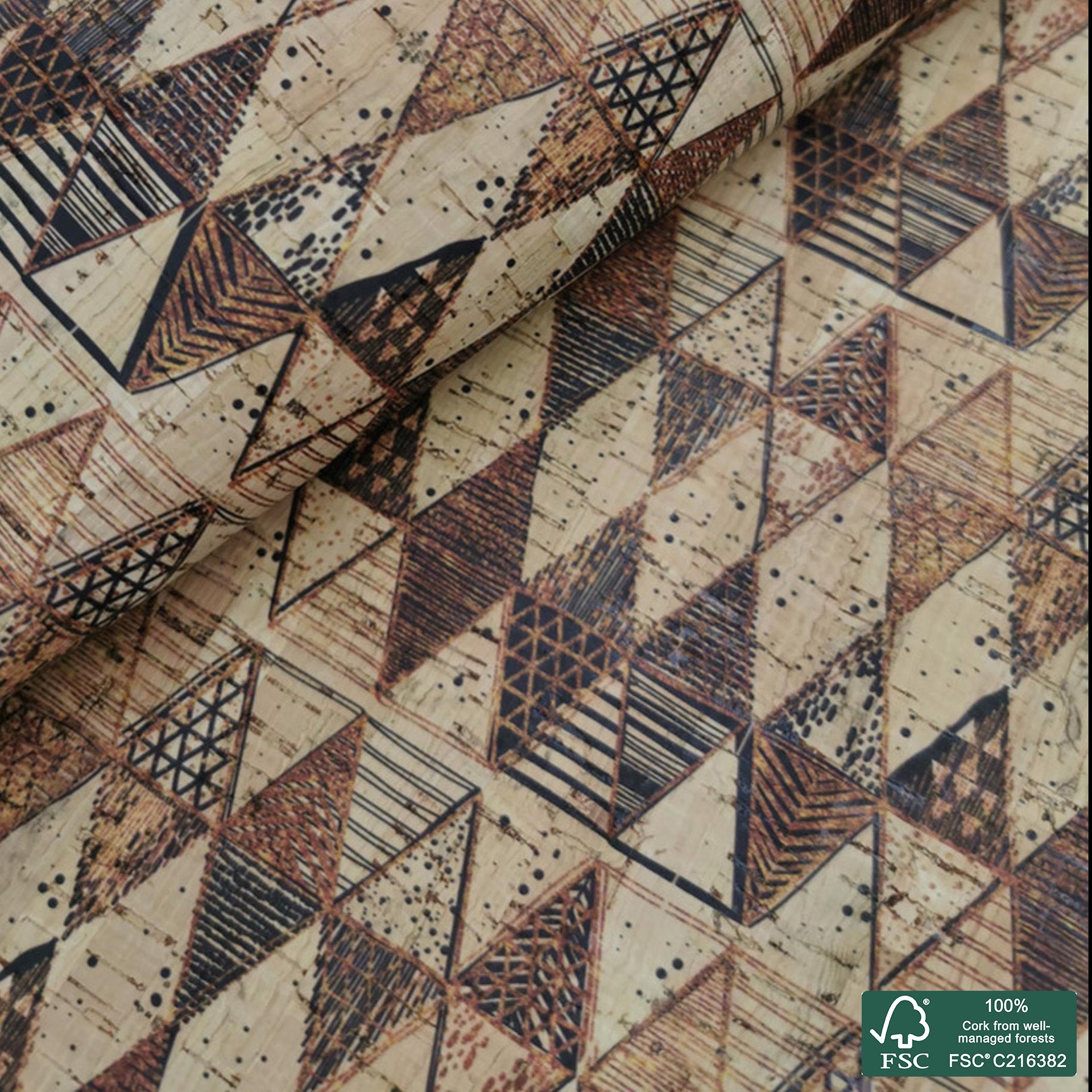 Triangles printed pattern on natural cork fabric (331)