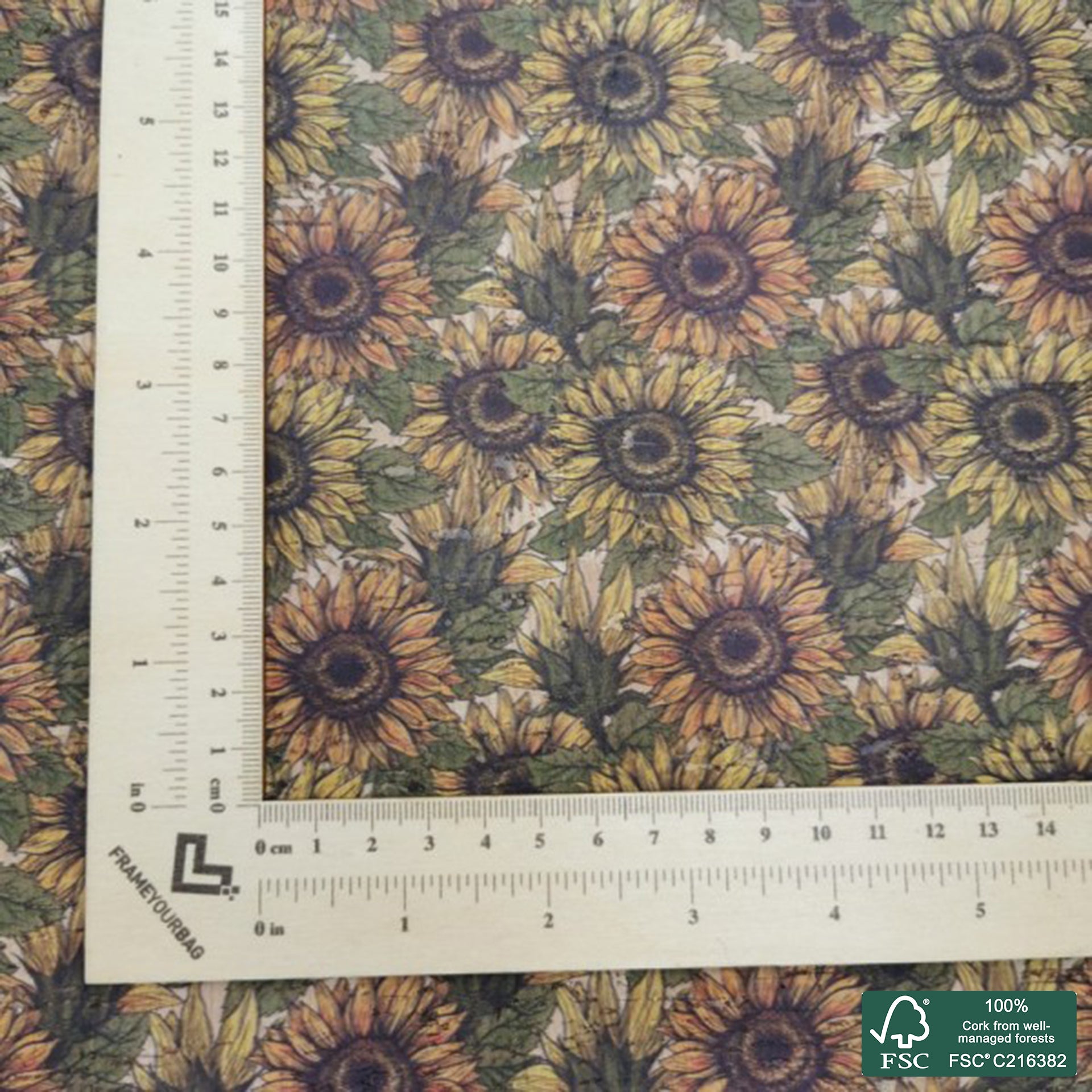 Sunflowers printed pattern on natural cork fabric (165)