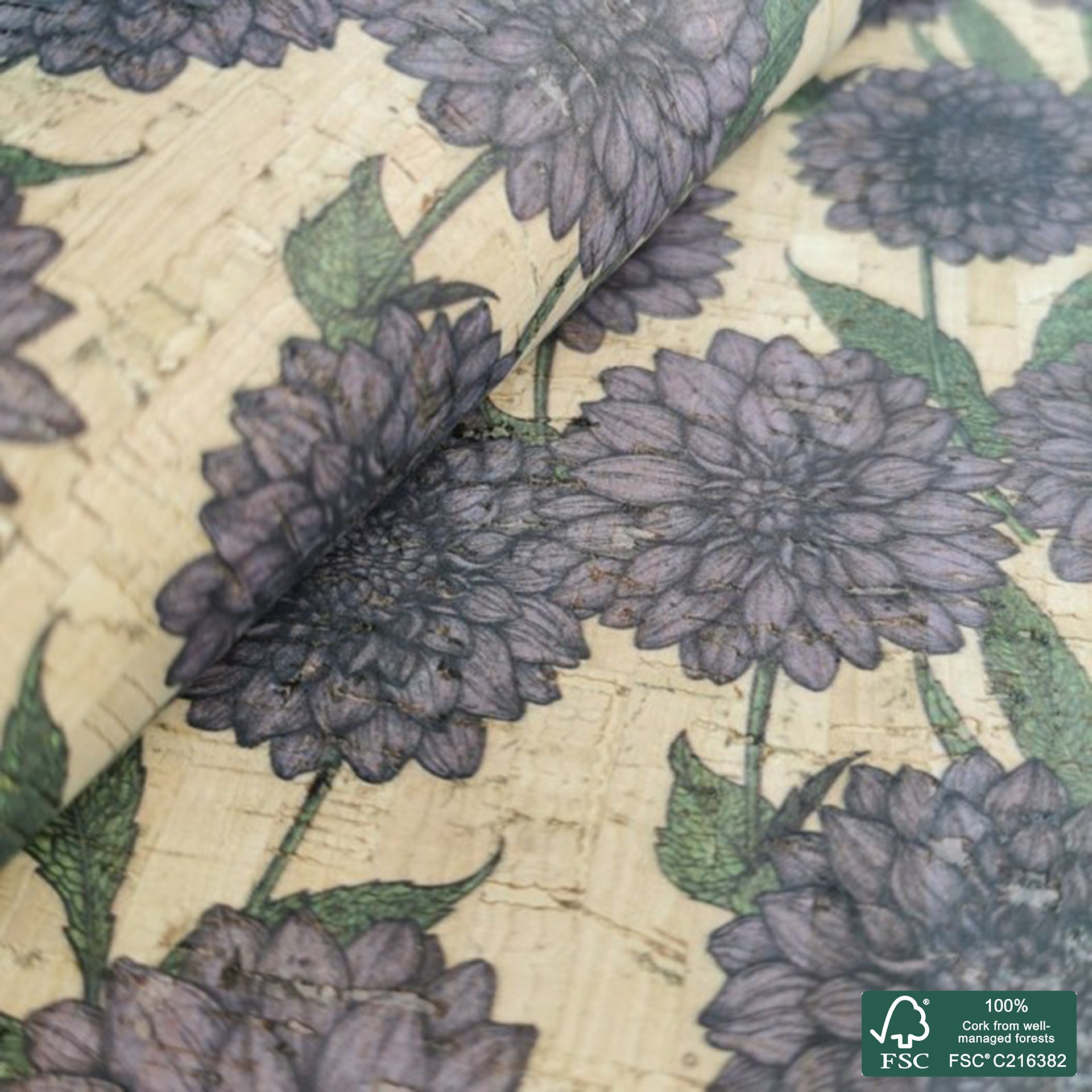 Dahlias printed pattern on natural cork fabric (166)