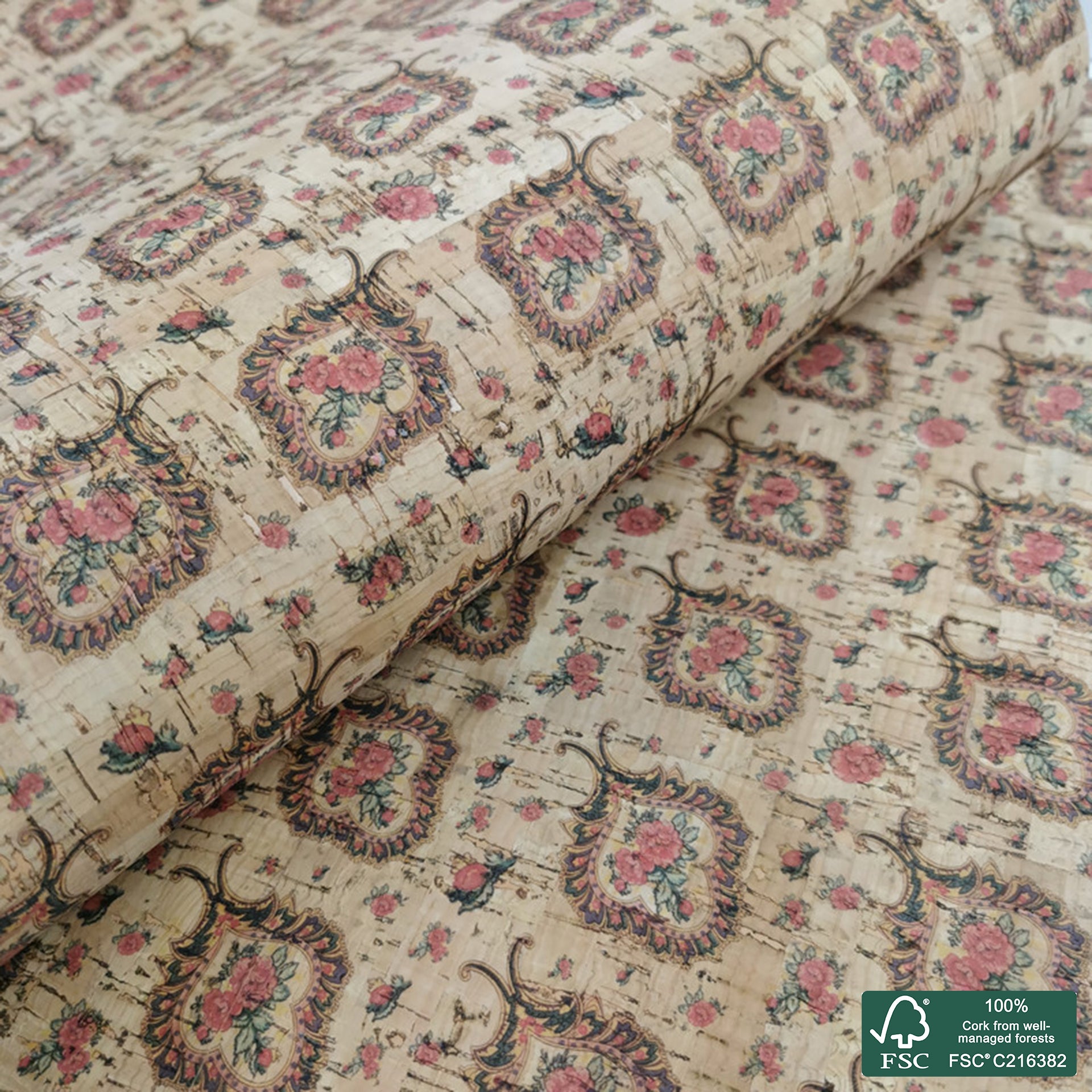 Scarf flowers printed pattern on natural cork fabric (2)