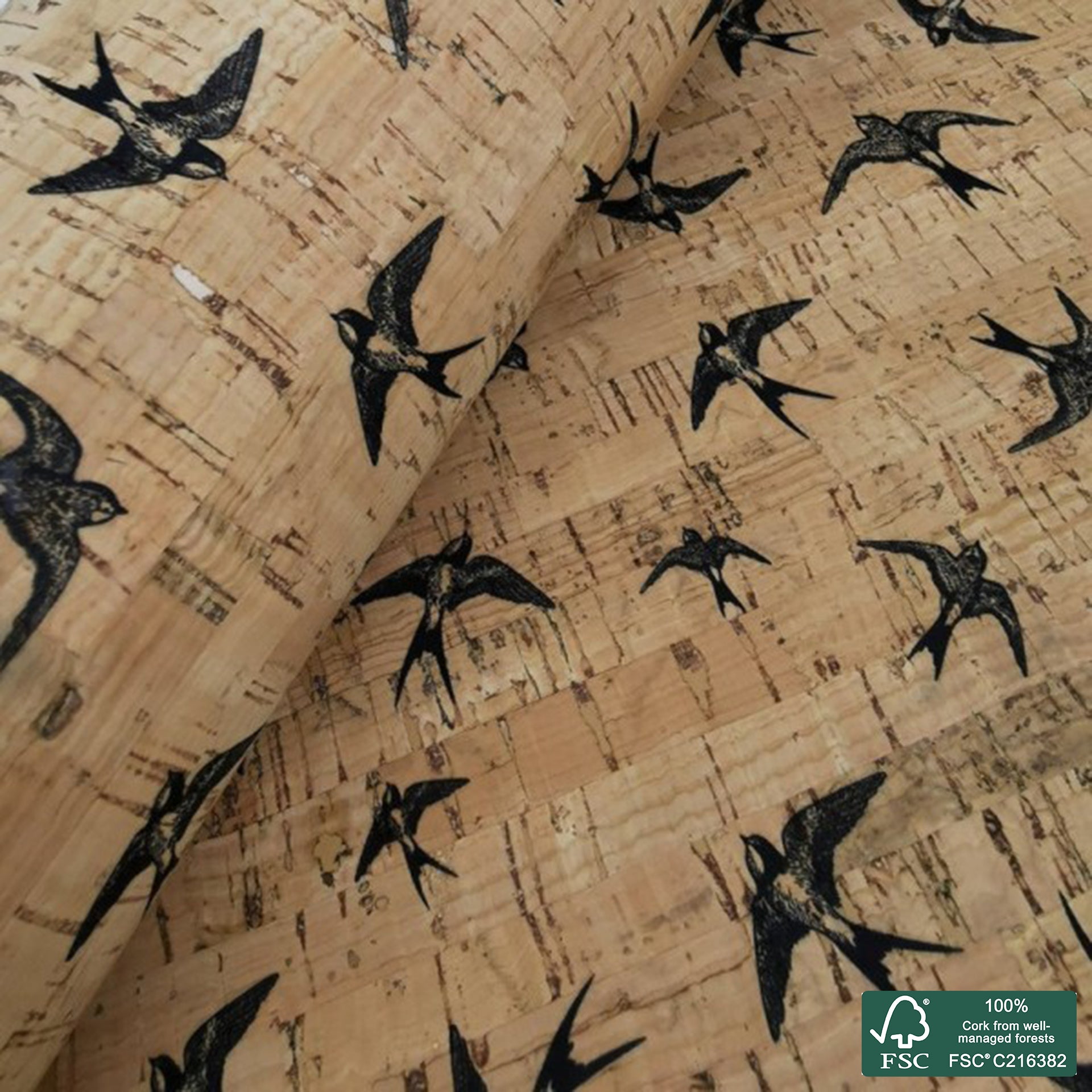 Swallows printed pattern on natural cork fabric (13)