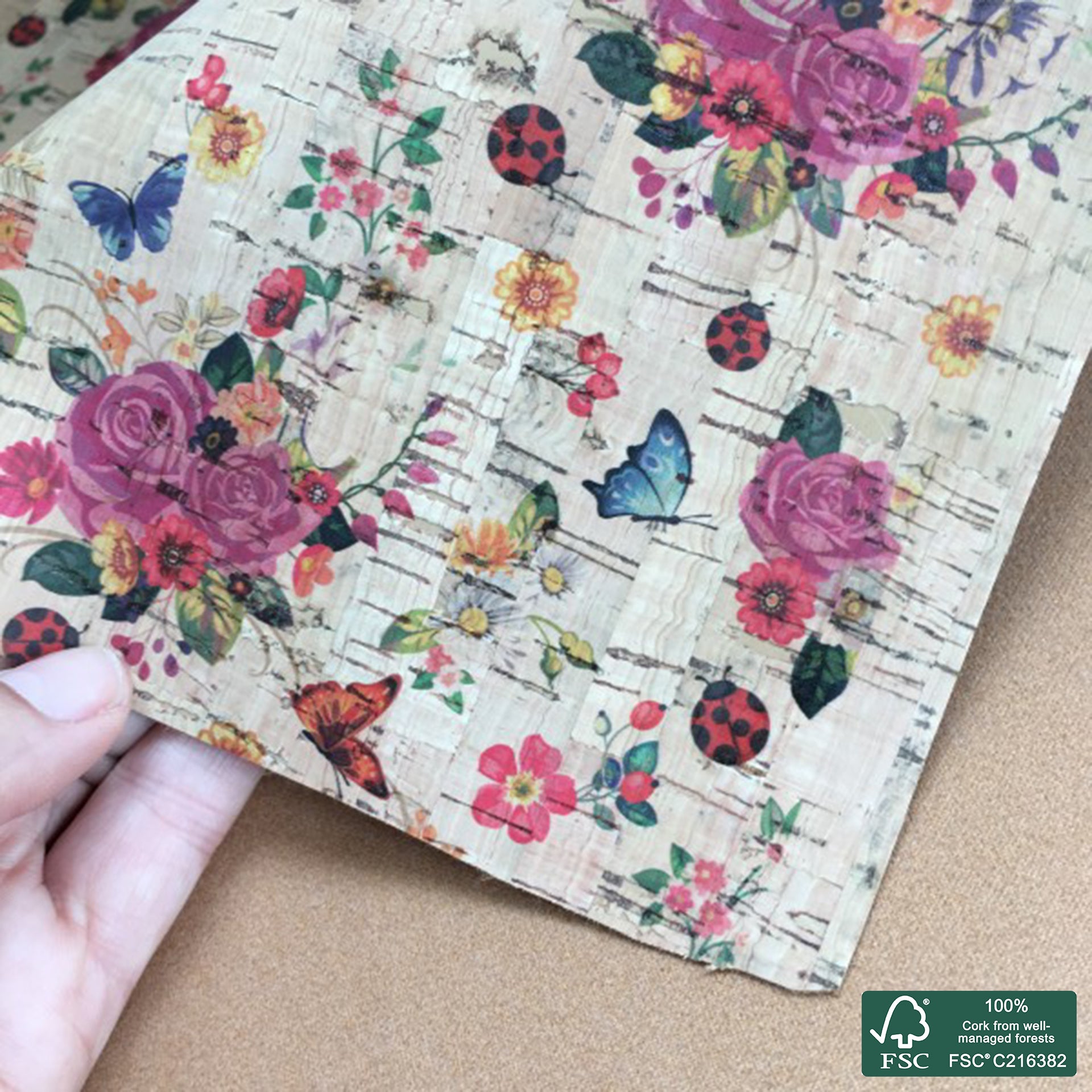 Flowers printed pattern on natural cork fabric (14)