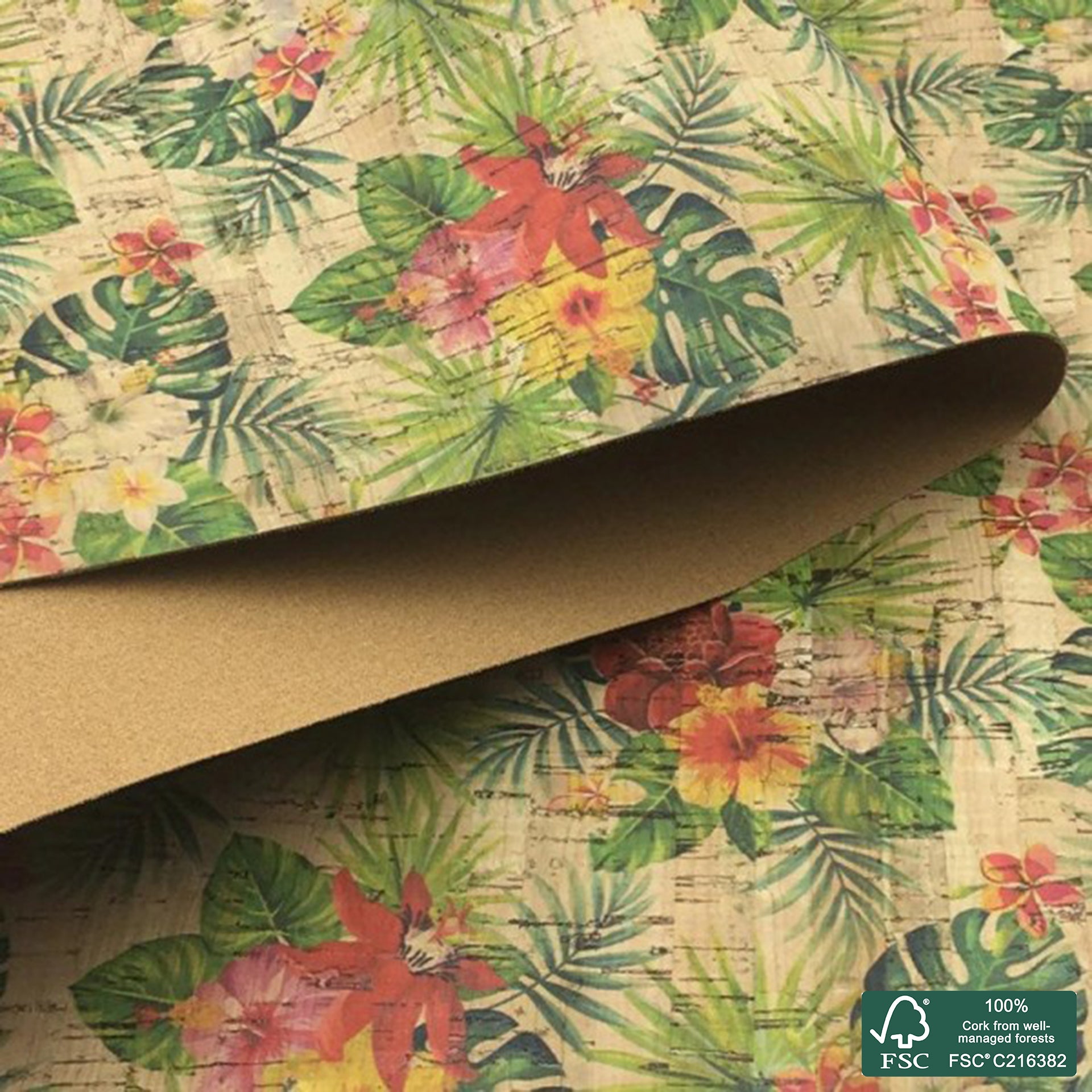 Tropical printed pattern on natural cork fabric (15)