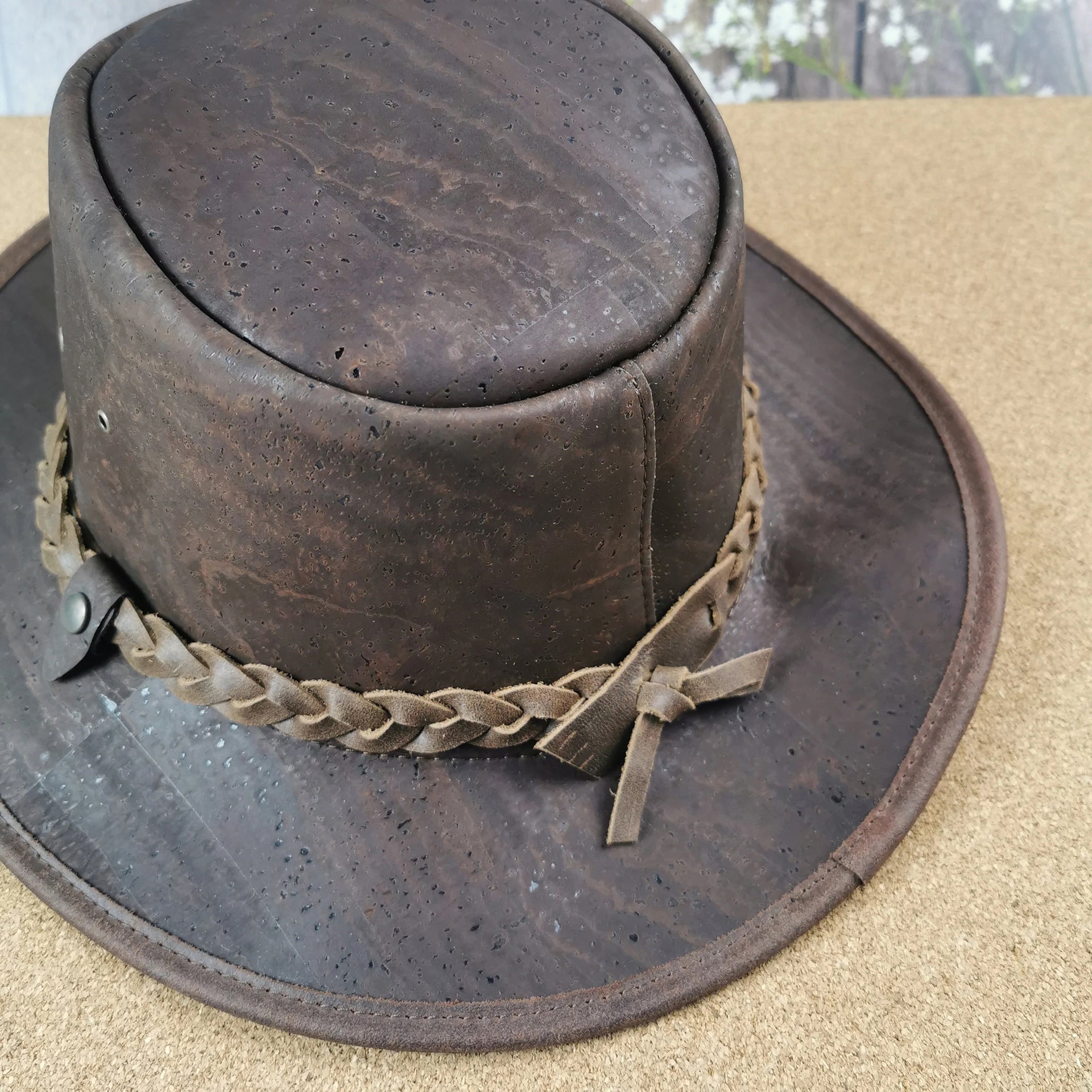 Brown cork hat with natural braided lace