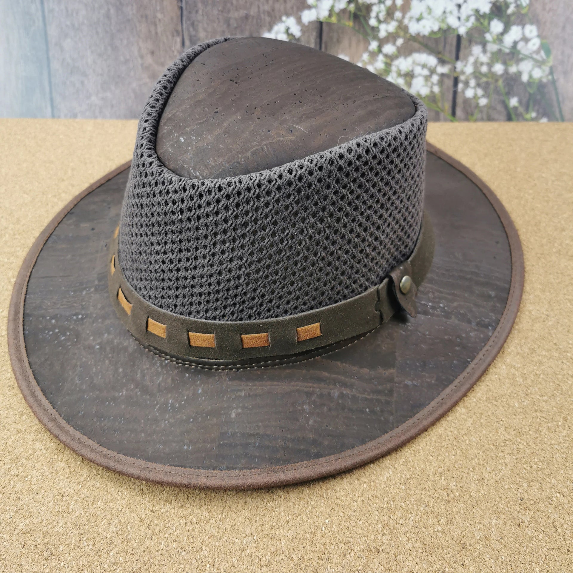 Brown cork hat with net and brown lace