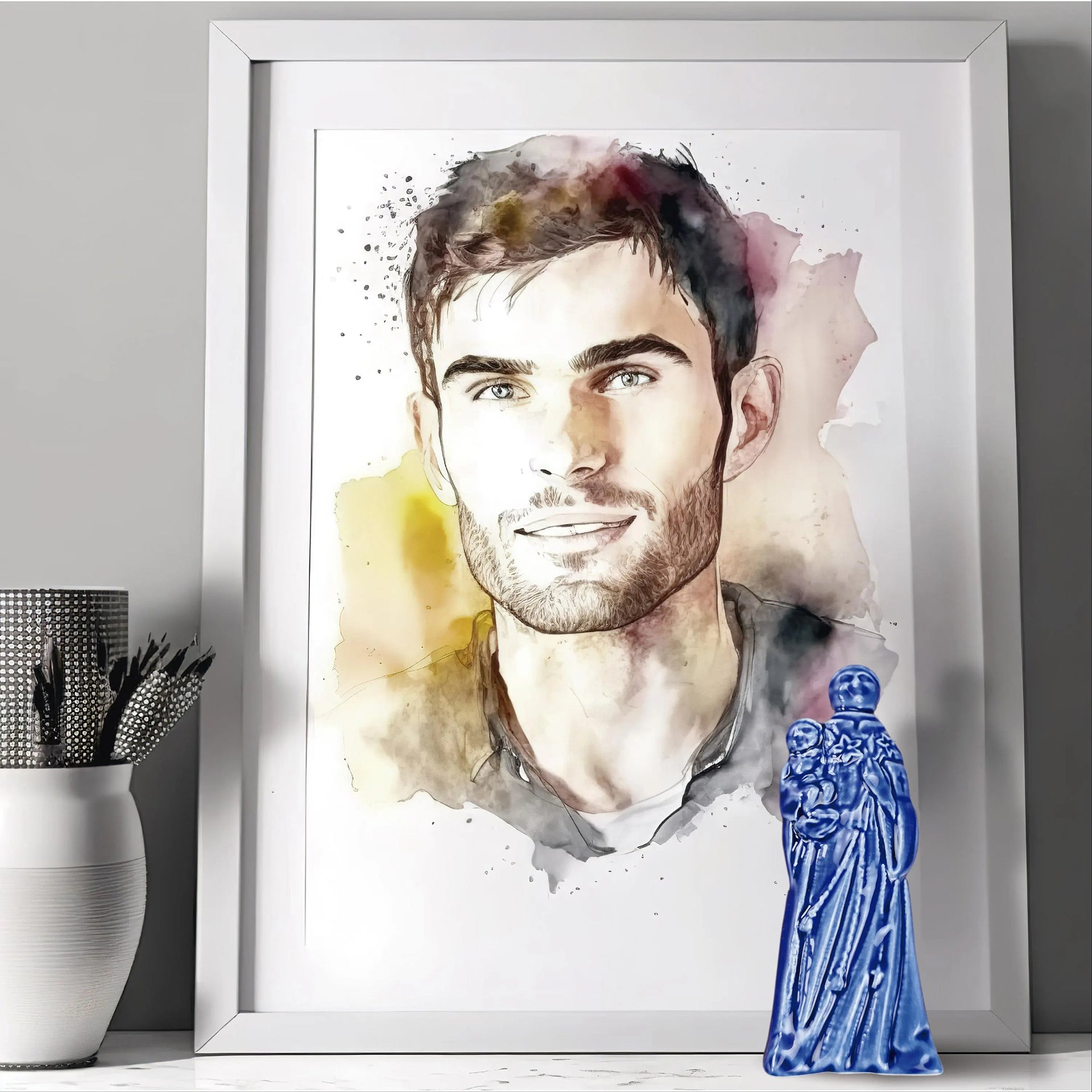 Blue faience figure of Saint Anthony