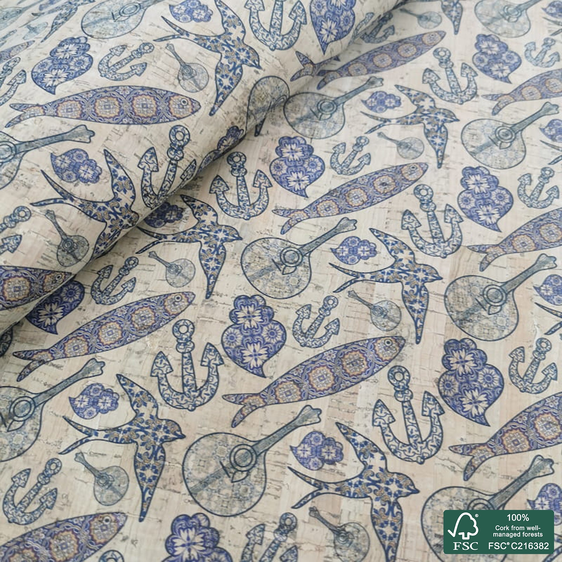 Sardines printed pattern on natural cork fabric (3)