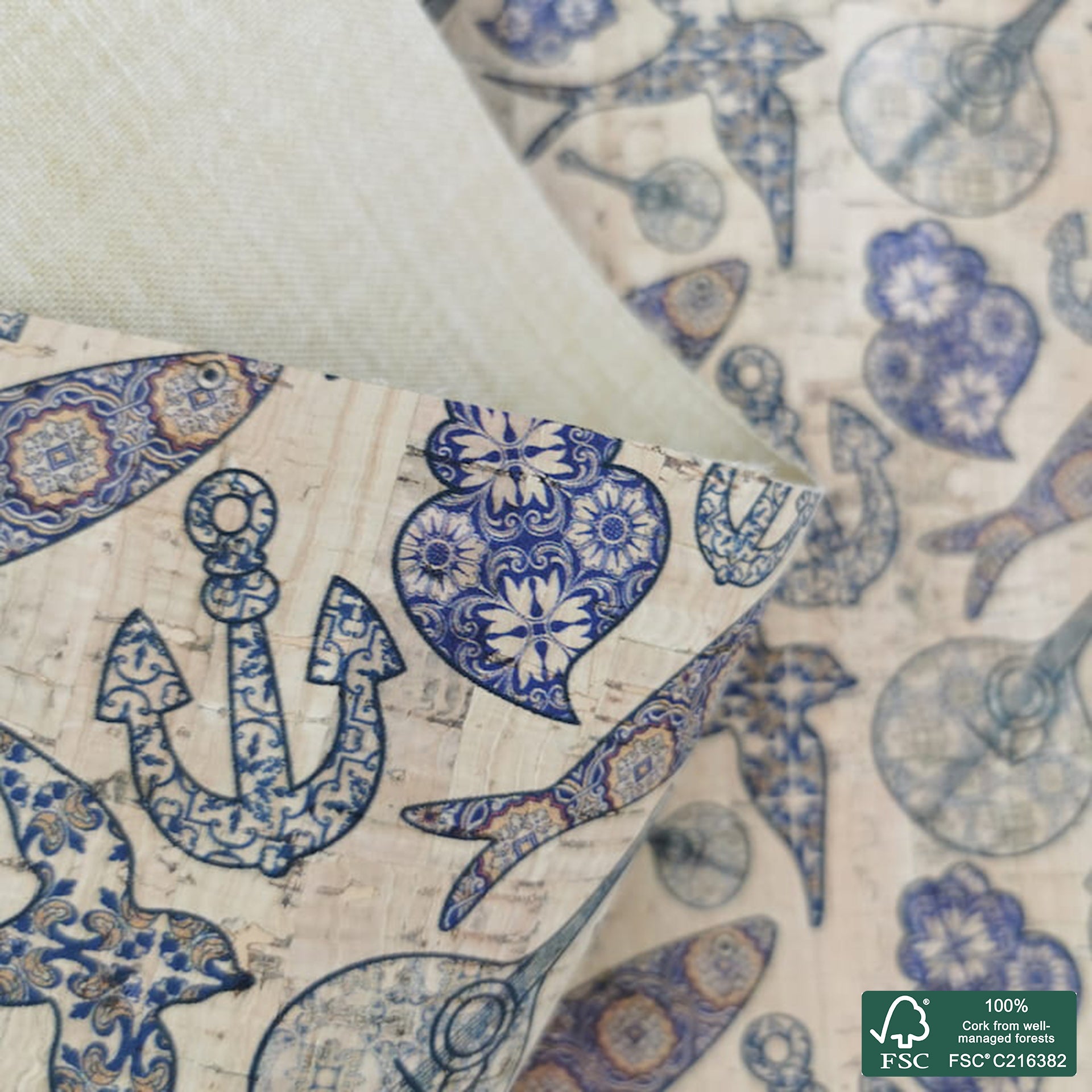 Sardines printed pattern on natural cork fabric (3)