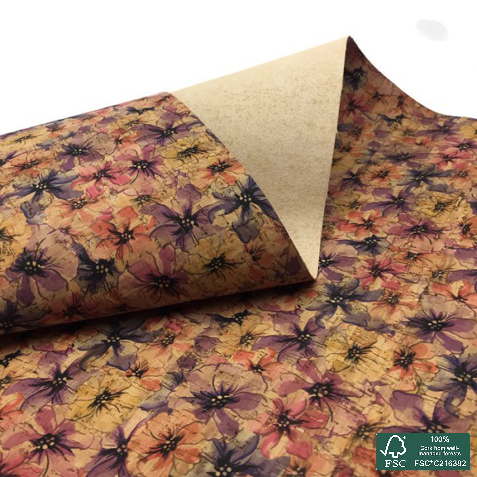 Flowers printed pattern on natural cork fabric (17)