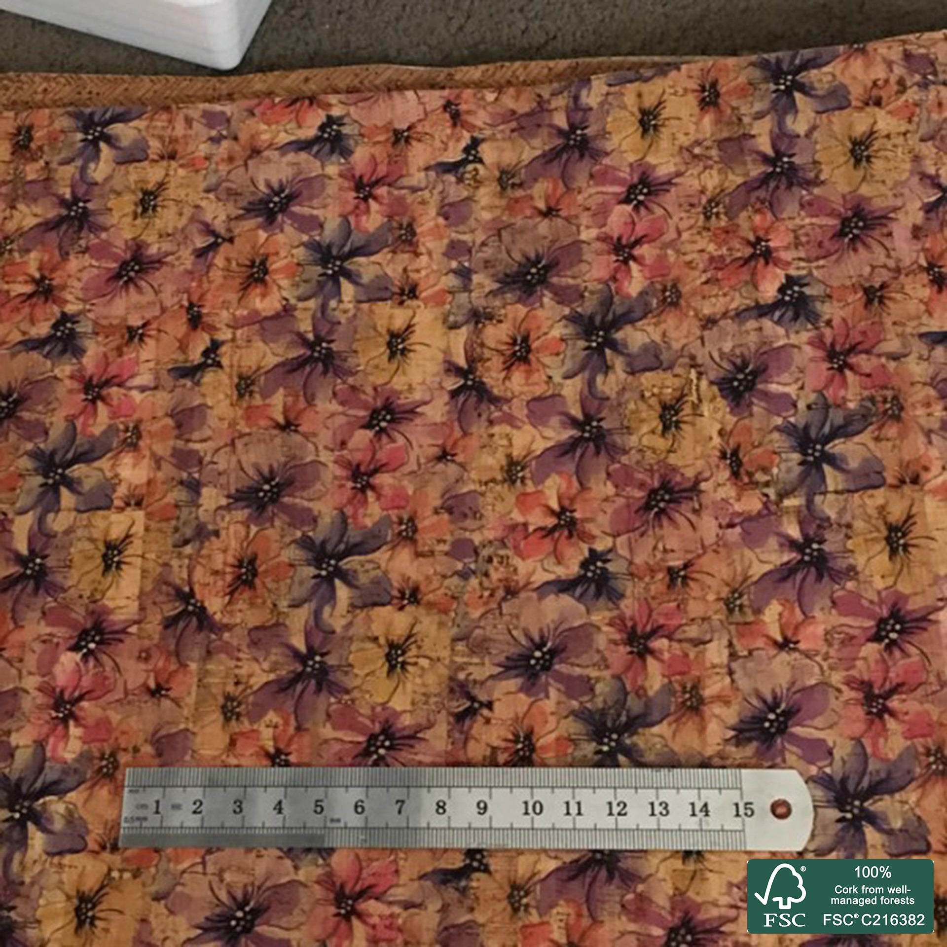 Flowers printed pattern on natural cork fabric (17)