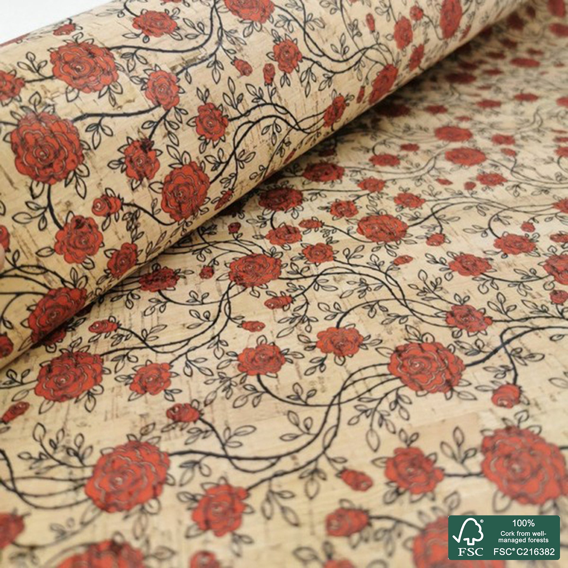 Roses printed pattern on natural cork fabric (25)