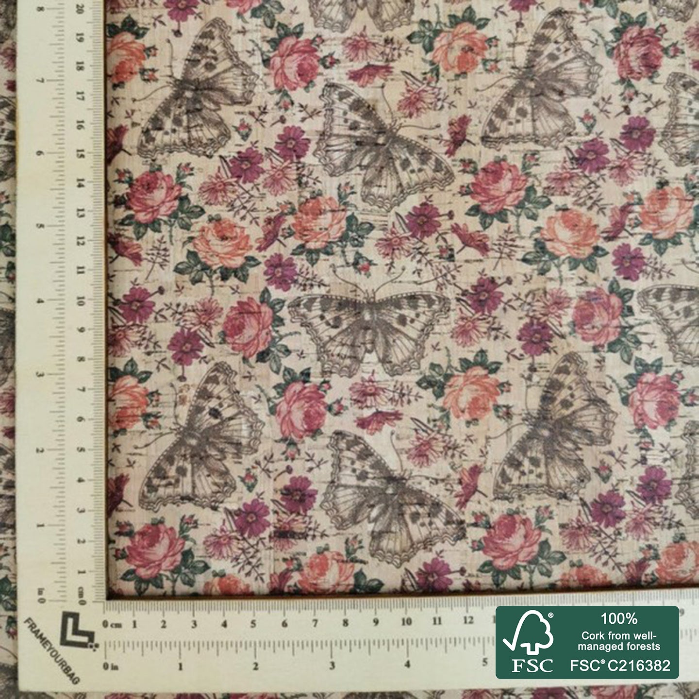 Butterflies printed pattern on natural cork fabric (38)