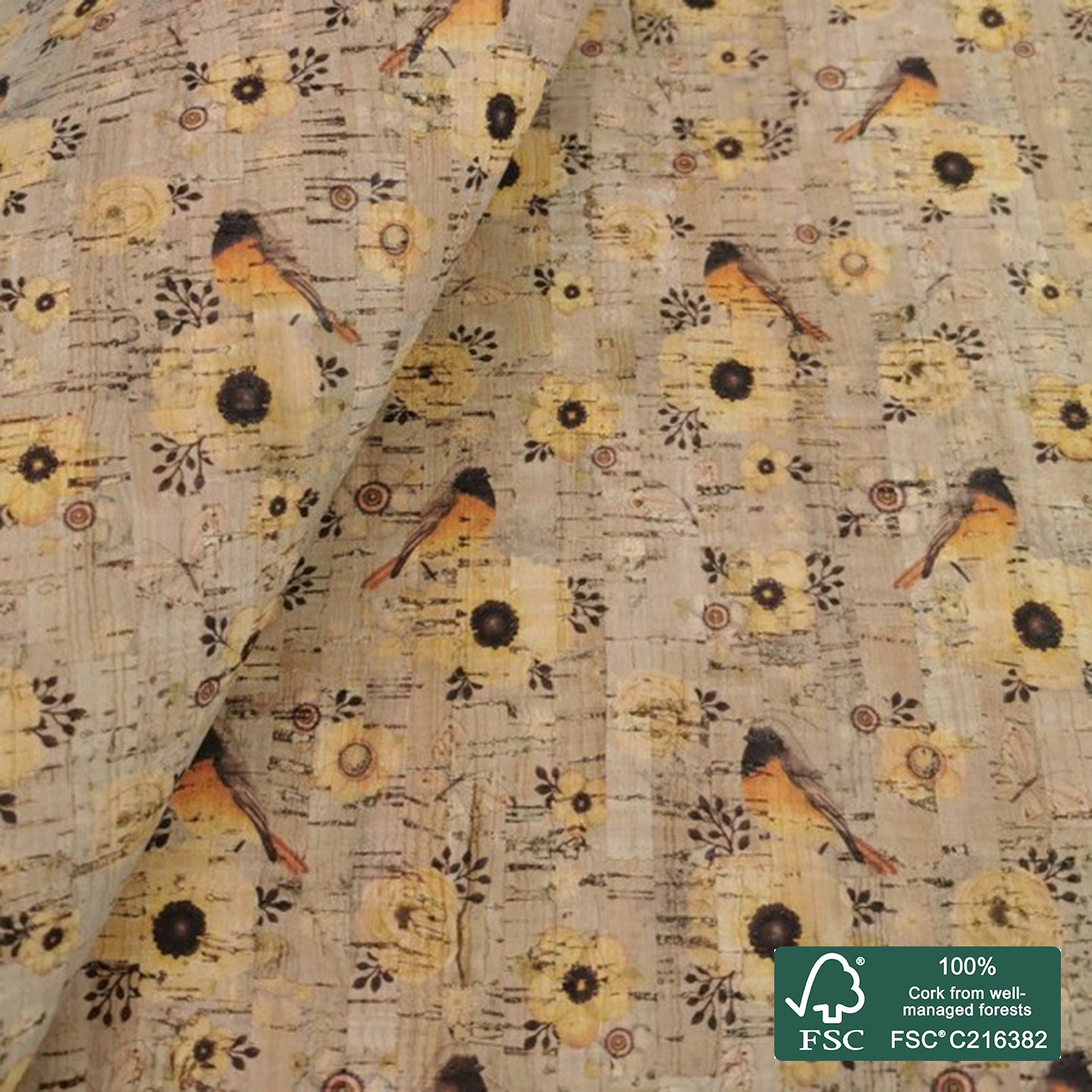 Birds printed pattern on natural cork fabric (39)