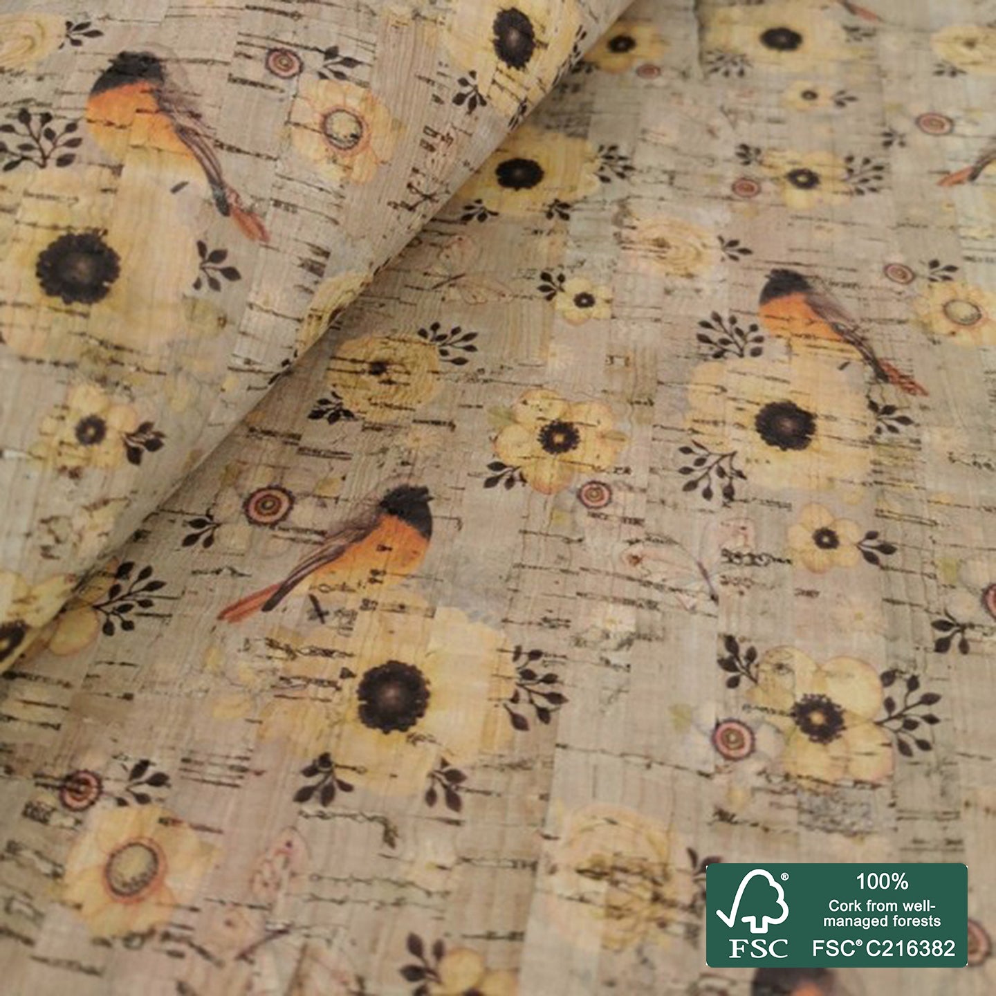 Birds printed pattern on natural cork fabric (39)