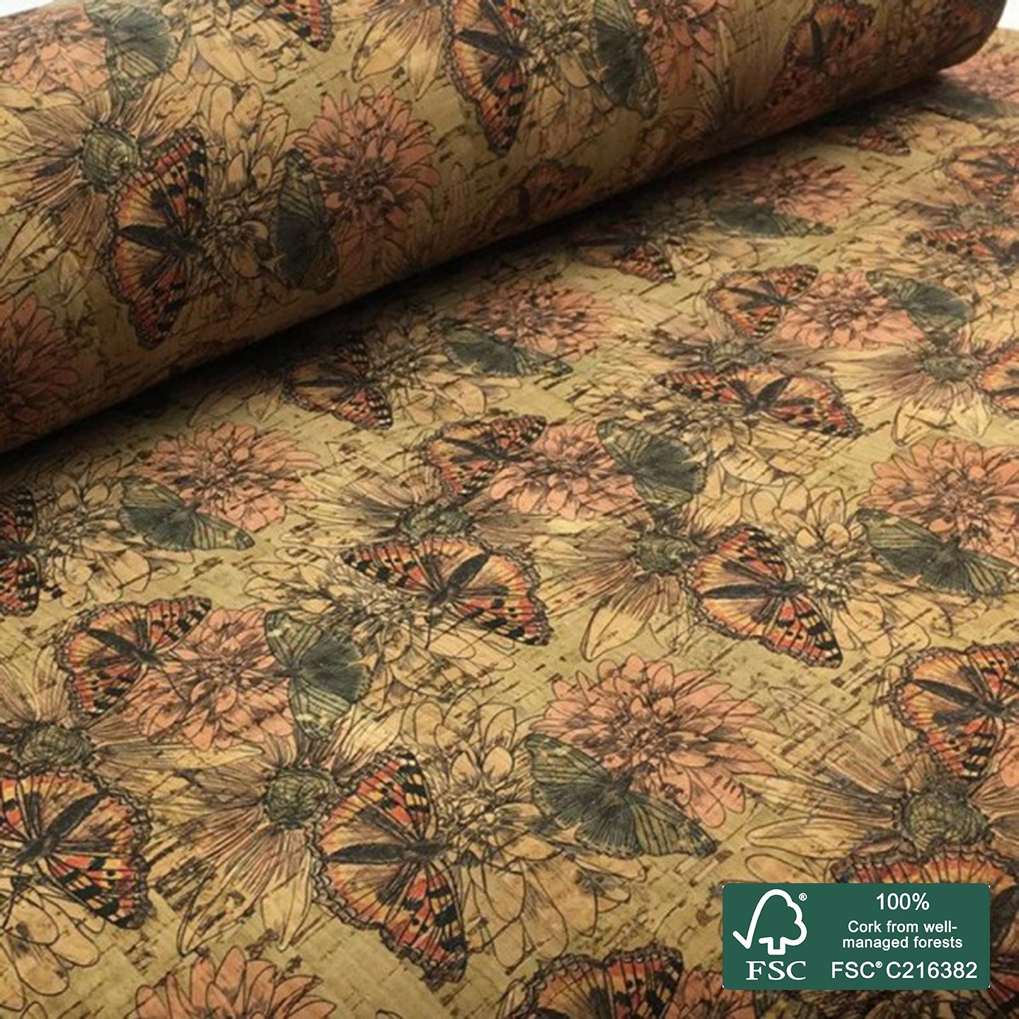 Butterflies printed pattern on natural cork fabric (40)