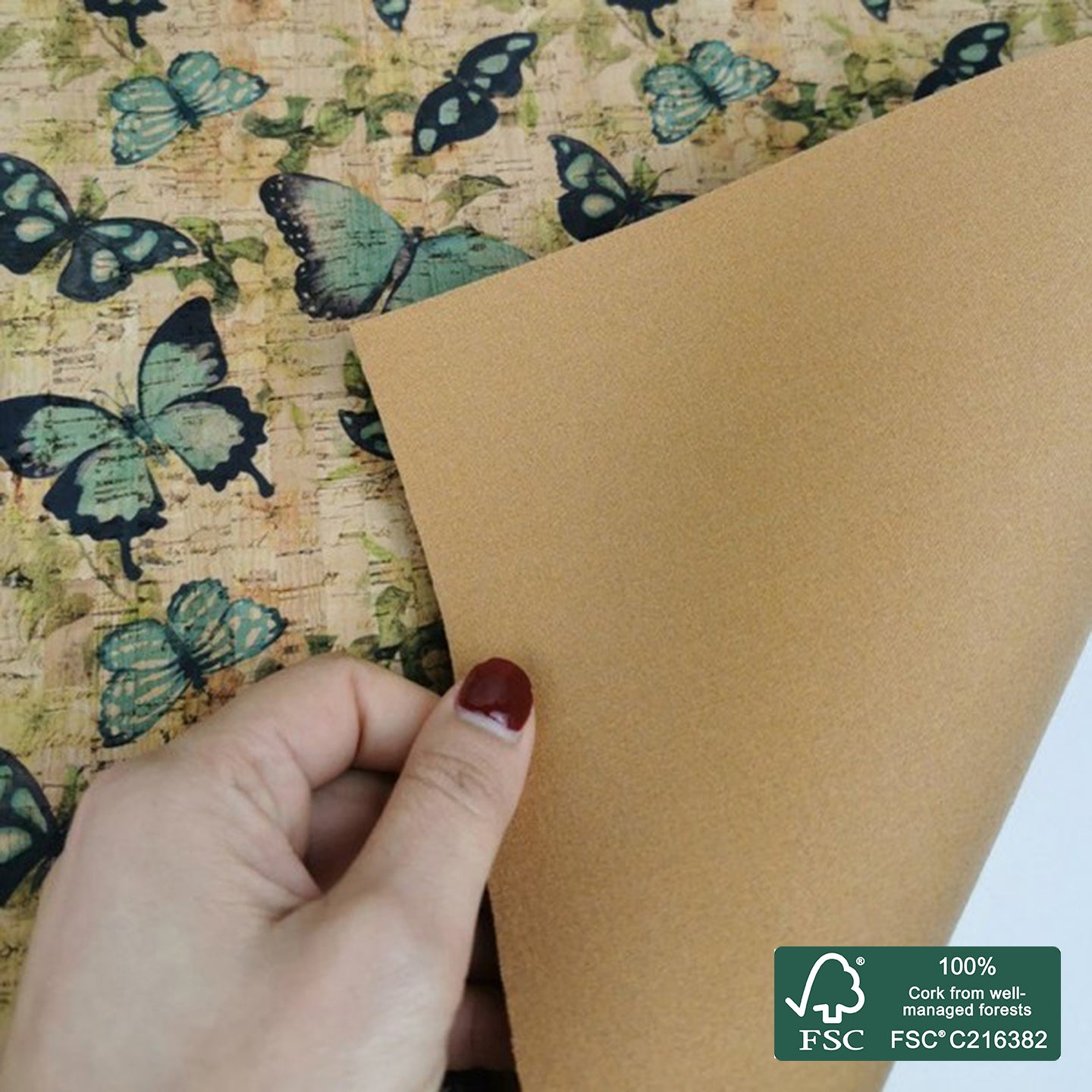 Butterflies printed pattern on natural cork fabric (42)