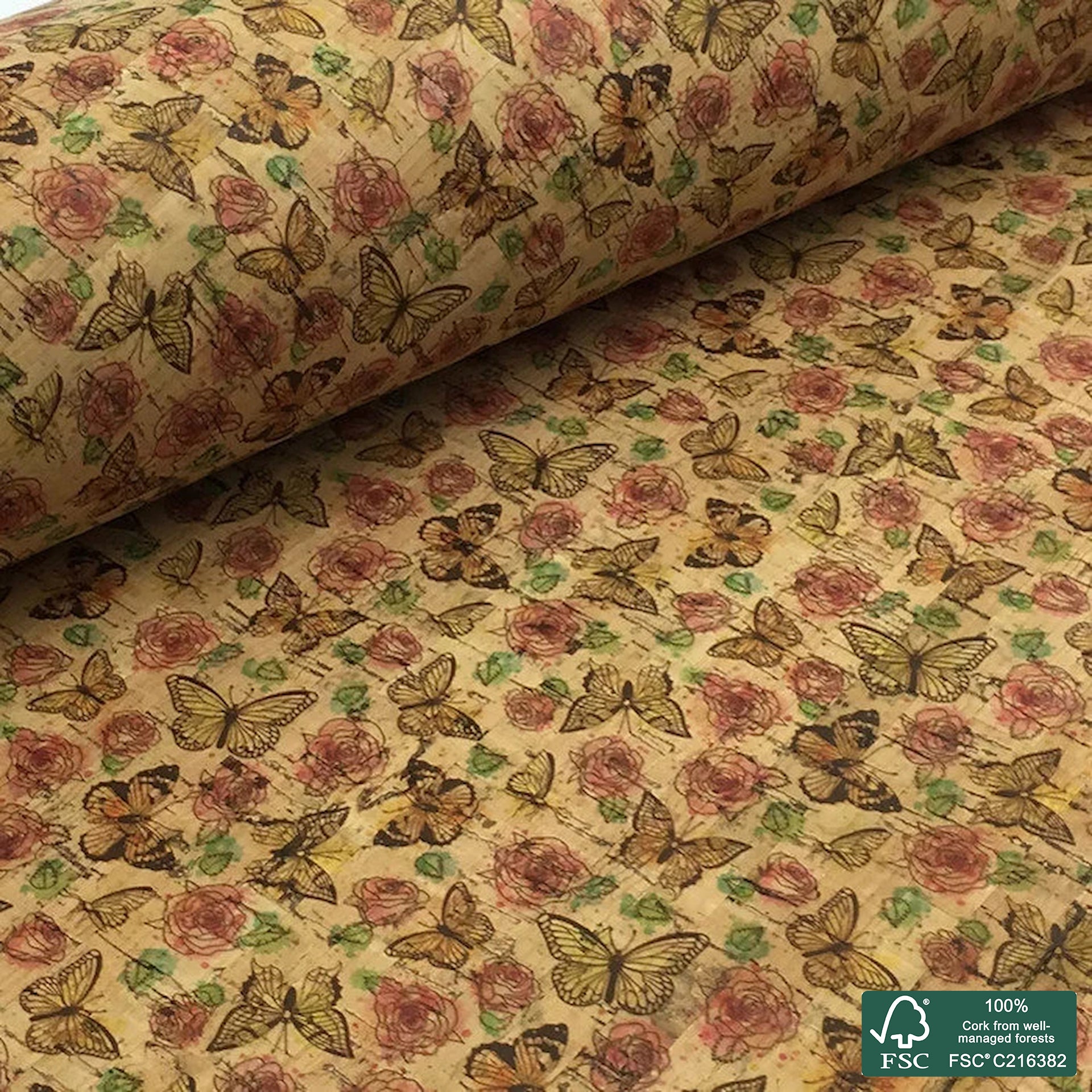 Butterflies printed pattern on natural cork fabric (43)