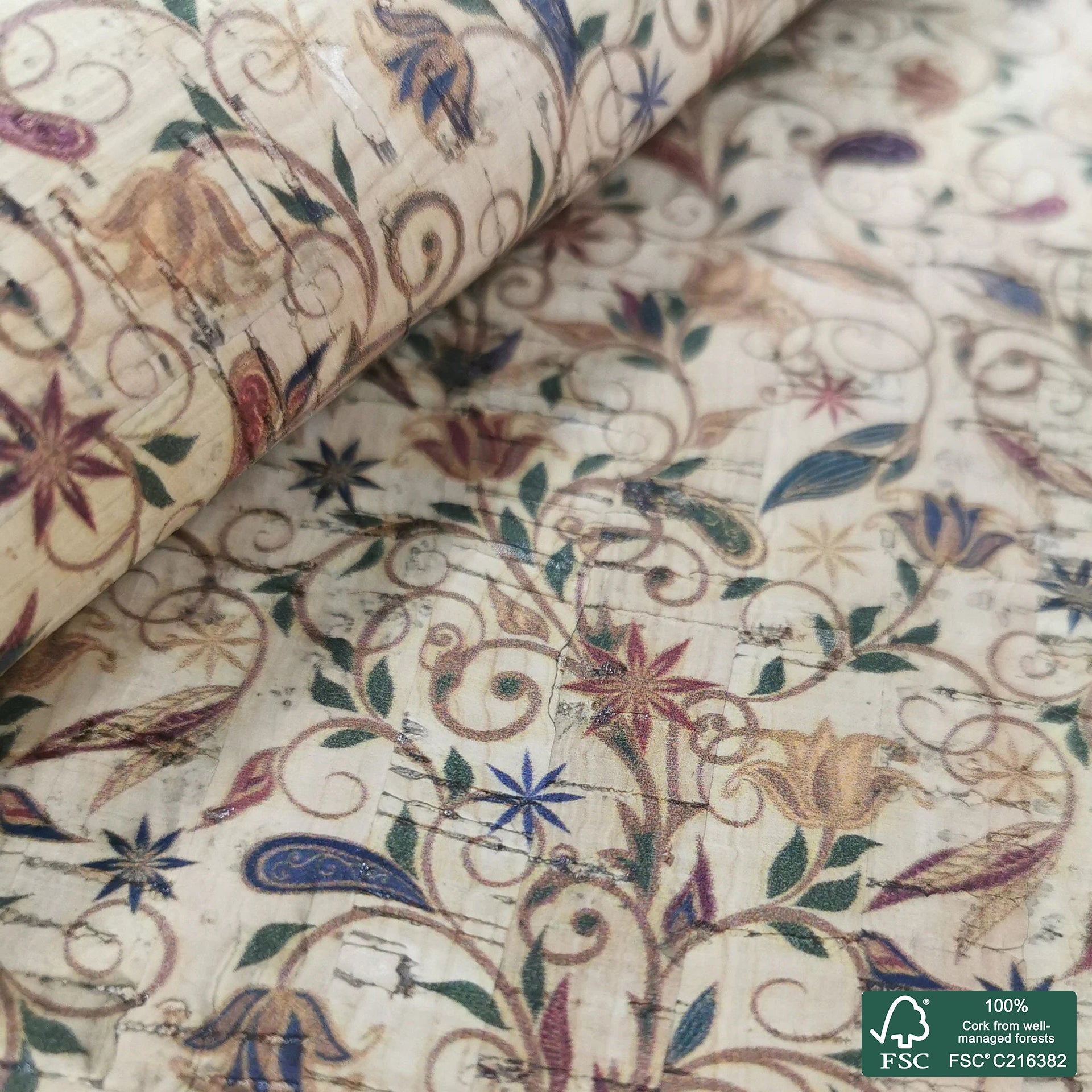 Flowers printed pattern on natural cork fabric (46)