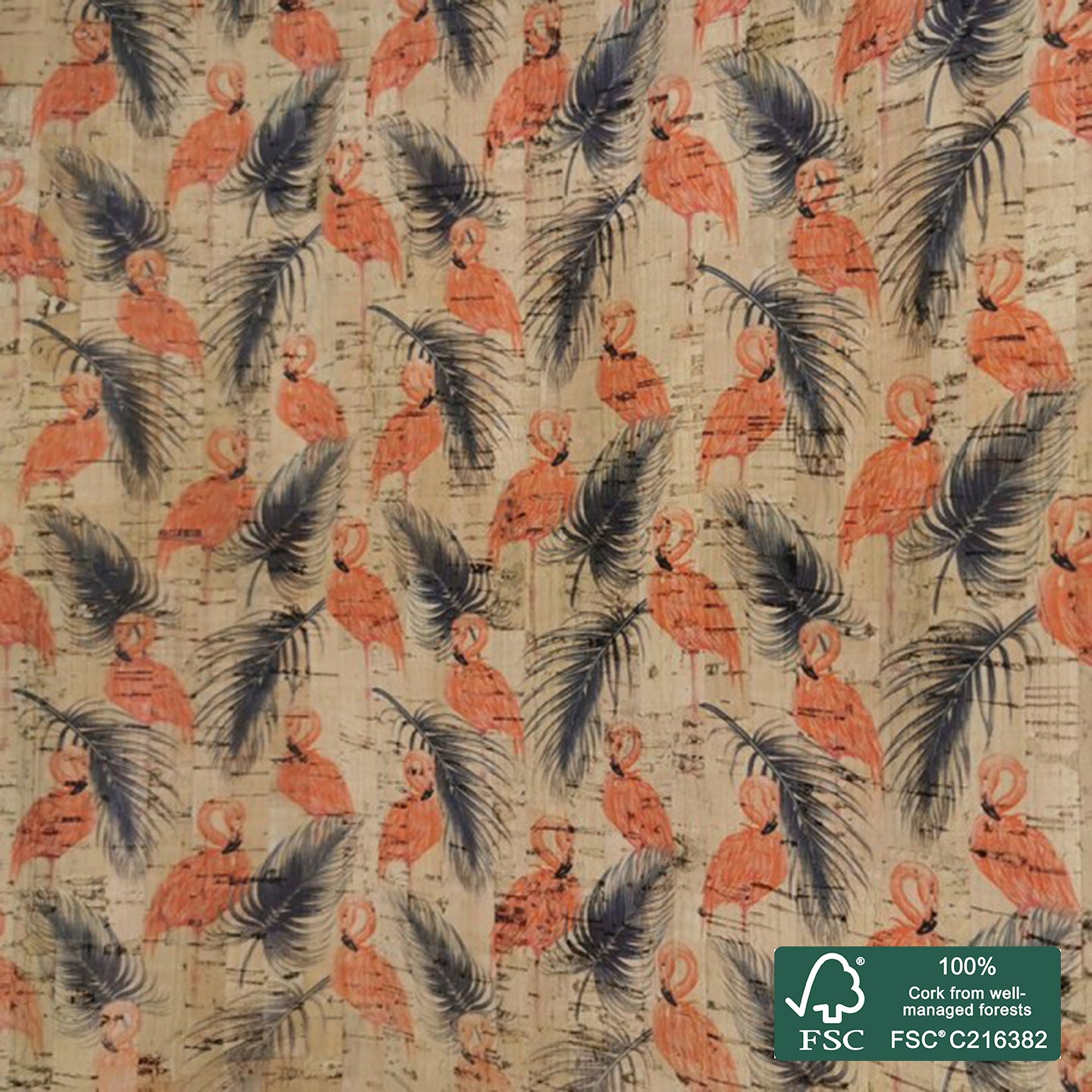Flamingo printed pattern on natural cork fabric (49)